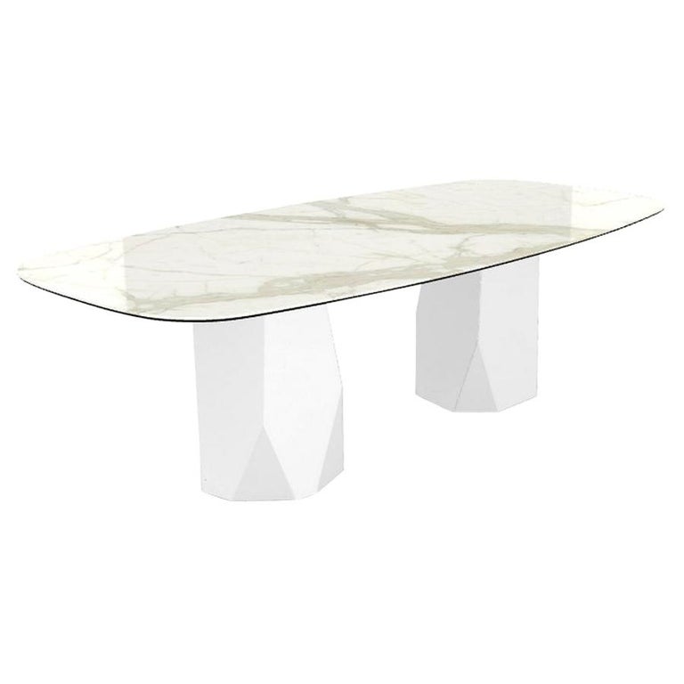 Menhir Two Bases, Dining Table with Calacatta Ceramic Top on Metal Base For Sale