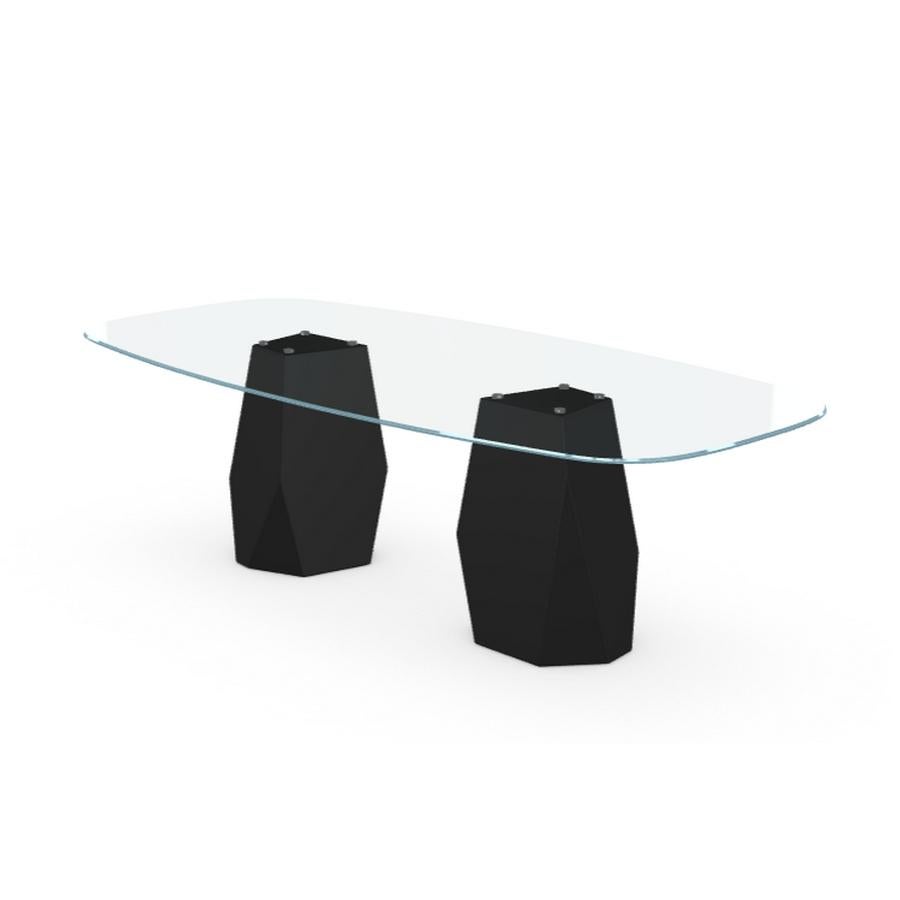 Moderno Menhir Due Basi, Tavolo da pranzo con piano in vetro trasparente su base in metallo nero in vendita