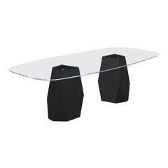 Menhir Two Bases, Dining Table with Clear Glass Top on Black Metal Base