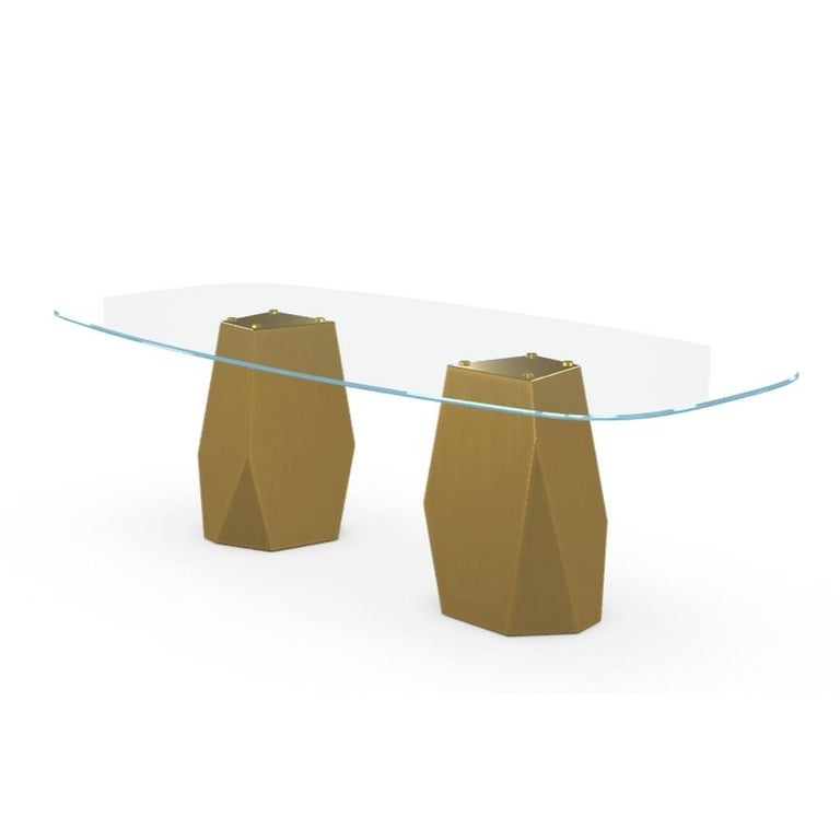 Modern Menhir Two Bases, Dining Table with Clear Glass Top on Brass Base For Sale