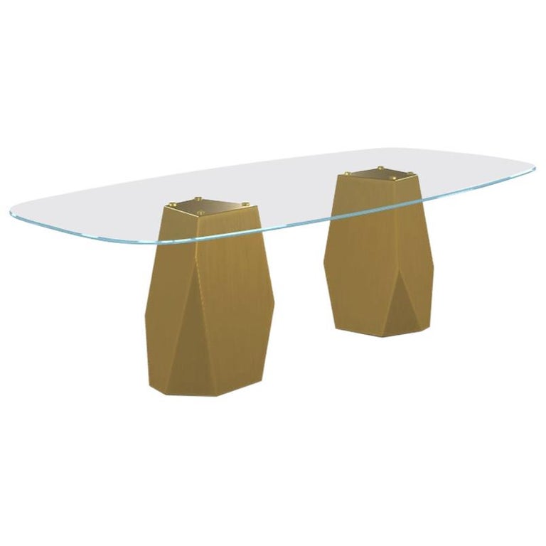 Menhir Two Bases, Dining Table with Clear Glass Top on Brass Base For Sale