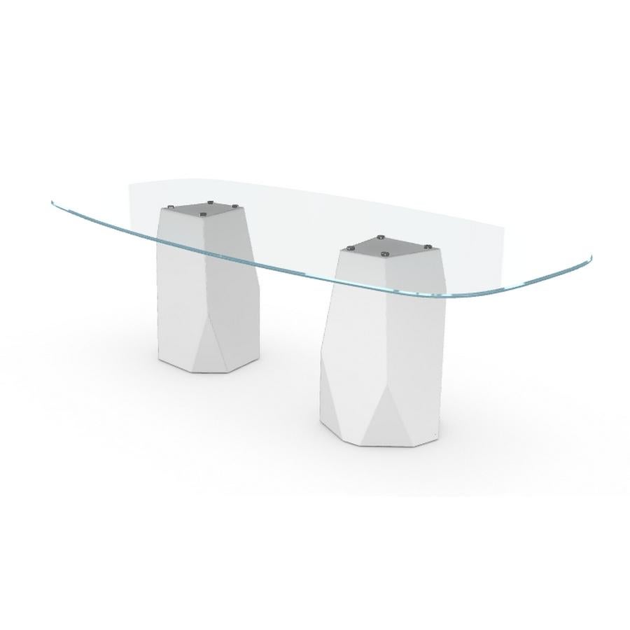 Esstisch mit zwei Sockeln und klarer Glasplatte auf Metallsockel von Marmorsockel (Moderne) im Angebot