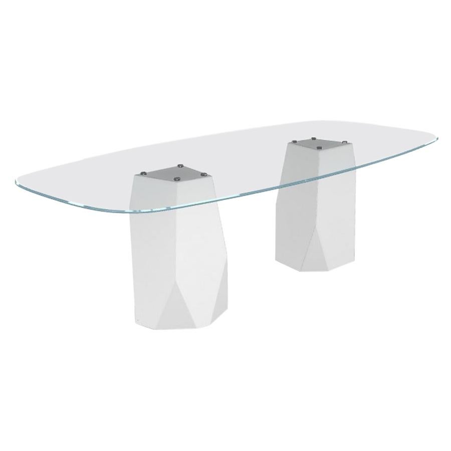 Menhir Two Bases, Dining Table with Clear Glass Top on Metal Base