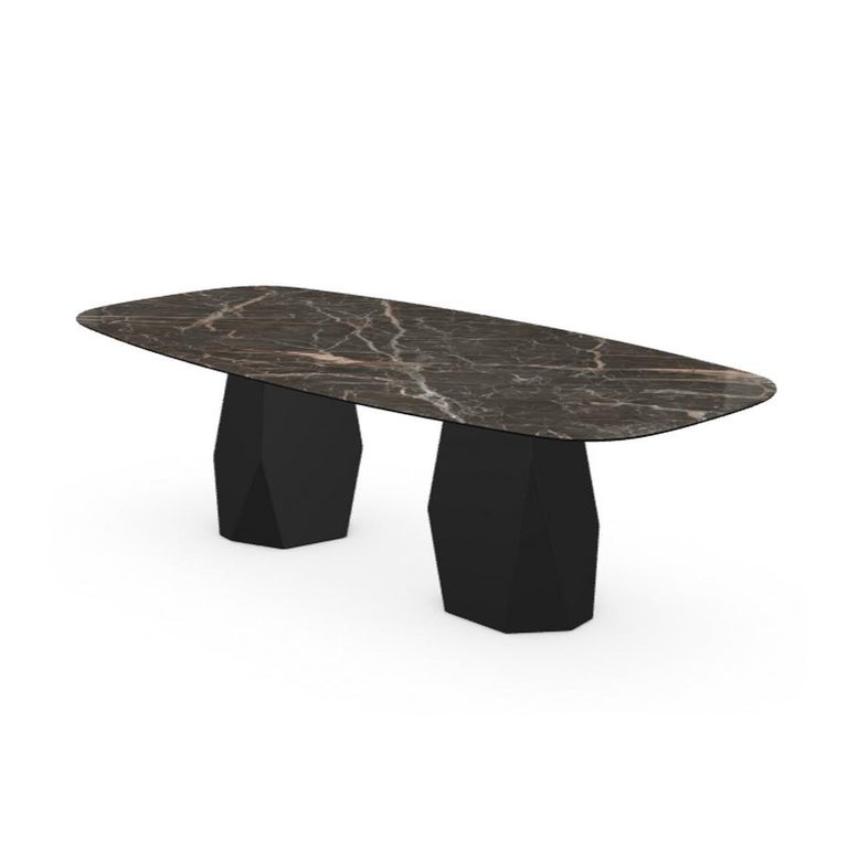 Modern Menhir Two Bases, Dining Table with Emperador Ceramic Top on Black Metal Base For Sale