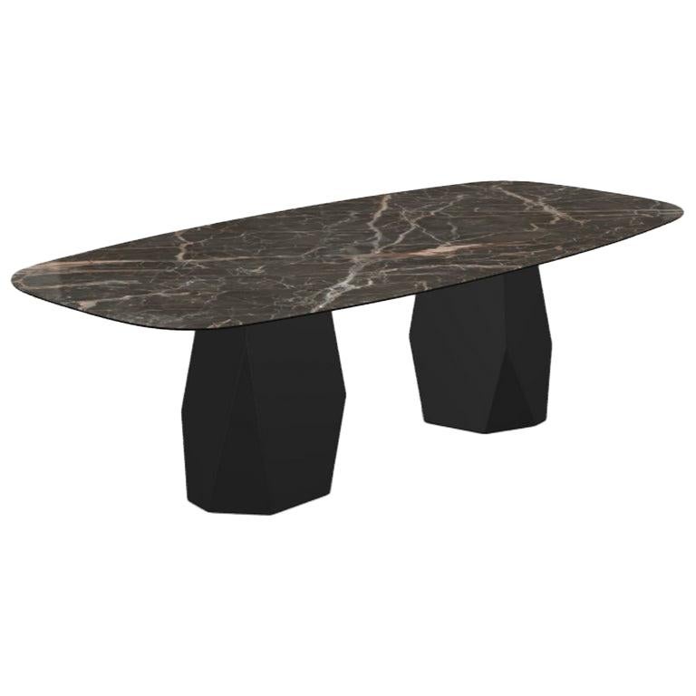 Menhir Two Bases, Dining Table with Emperador Ceramic Top on Black Metal Base For Sale