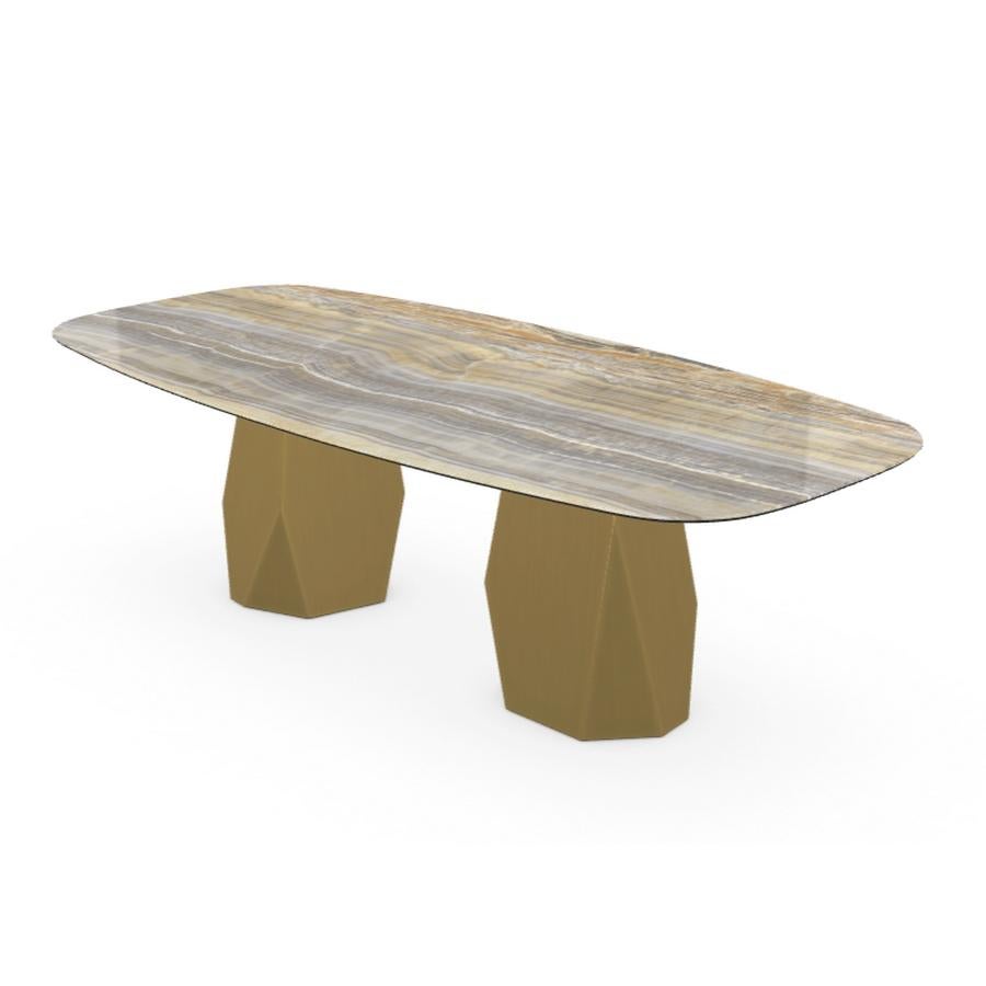 Modern Menhir Two Bases, Dining Table with Emperador Ceramic Top on Brass Base For Sale