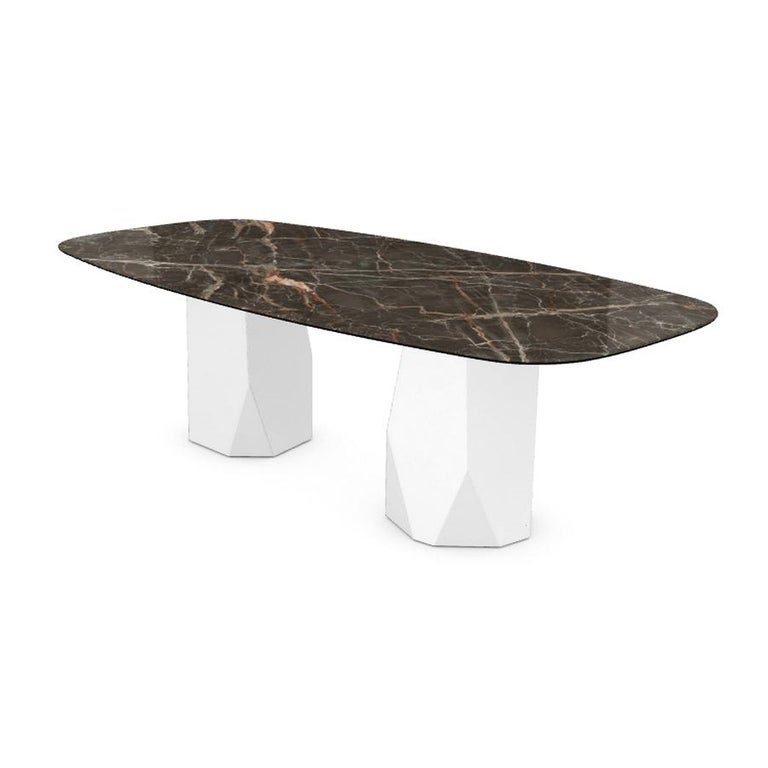 Modern Menhir Two Bases, Dining Table with Emperador Ceramic Top on Metal Base For Sale