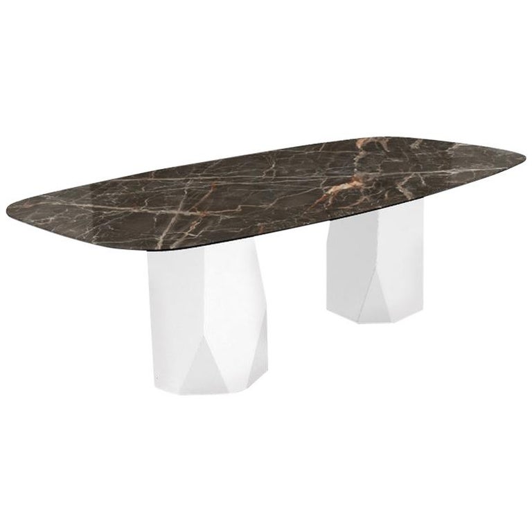 Menhir Two Bases, Dining Table with Emperador Ceramic Top on Metal Base For Sale