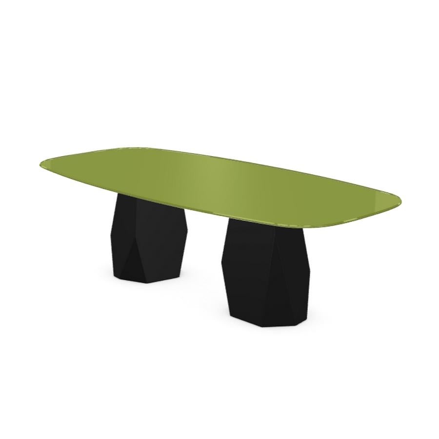 Modern Menhir Two Bases, Dining Table with Green Glass Top on Black Metal Base For Sale