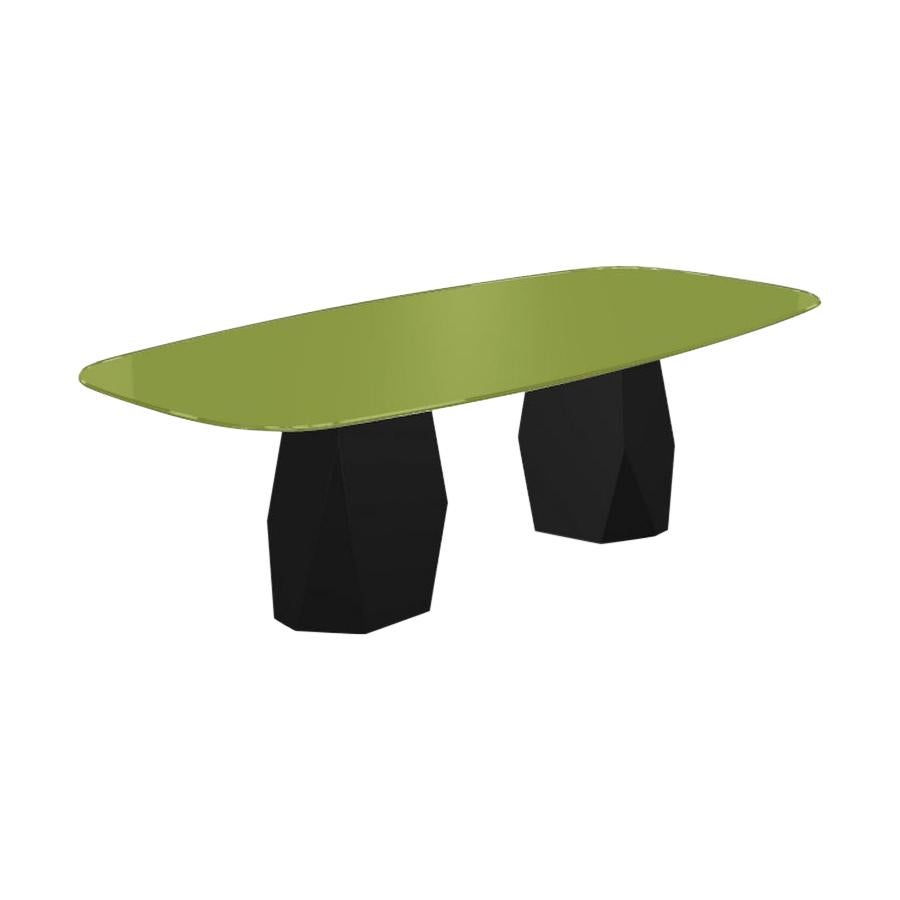 Menhir, Esstisch mit zwei Sockeln, grüner Glasplatte auf schwarzem Metallsockel