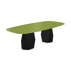 Menhir Two Bases, Dining Table with Green Glass Top on Black Metal Base