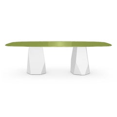Menhir Two Bases, Dining Table with Green Glass Top on Metal Base