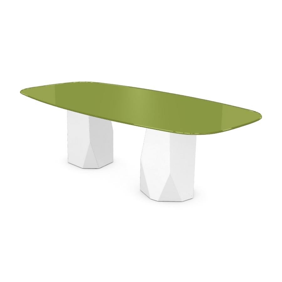 Modern Menhir Two Bases, Dining Table with Green Glass Top on Metal Base For Sale