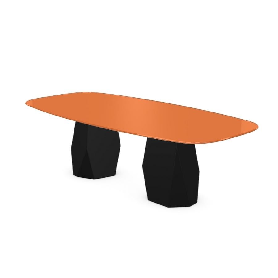 Modern Menhir Two Bases, Dining Table with Orange Glass Top on Black Metal Base For Sale
