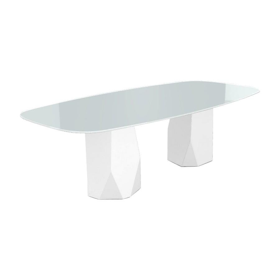 Menhir Two Bases, Dining Table with White Glass Top on Metal Base