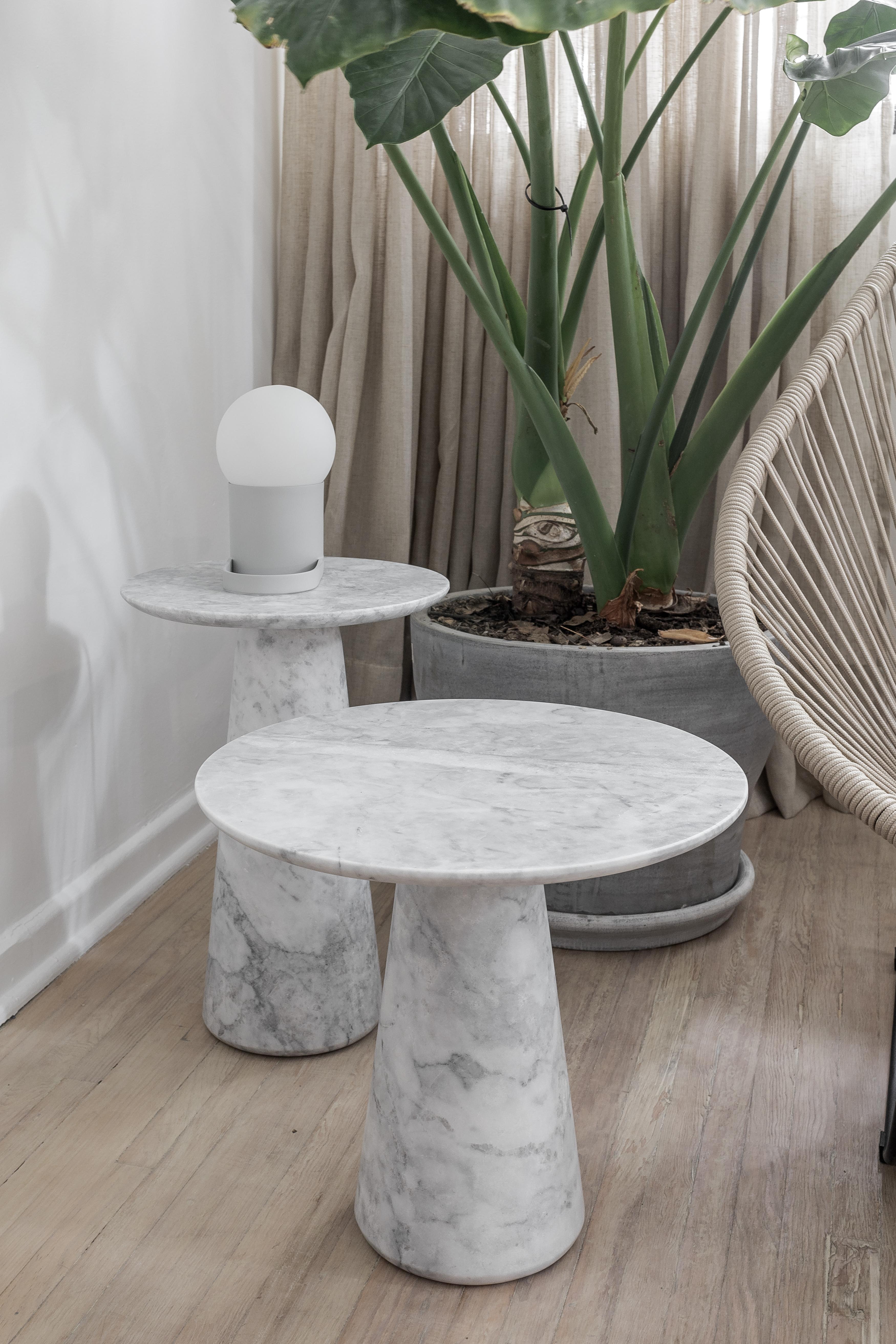 Side table in carved Veneciano white marble.  Production time: 6-8 weeks for items without marble / 13-14 weeks for marble pieces. Shipping +10 additional business days. Casa Quieta uses natural materials such as woods, stones, fabrics etc. These