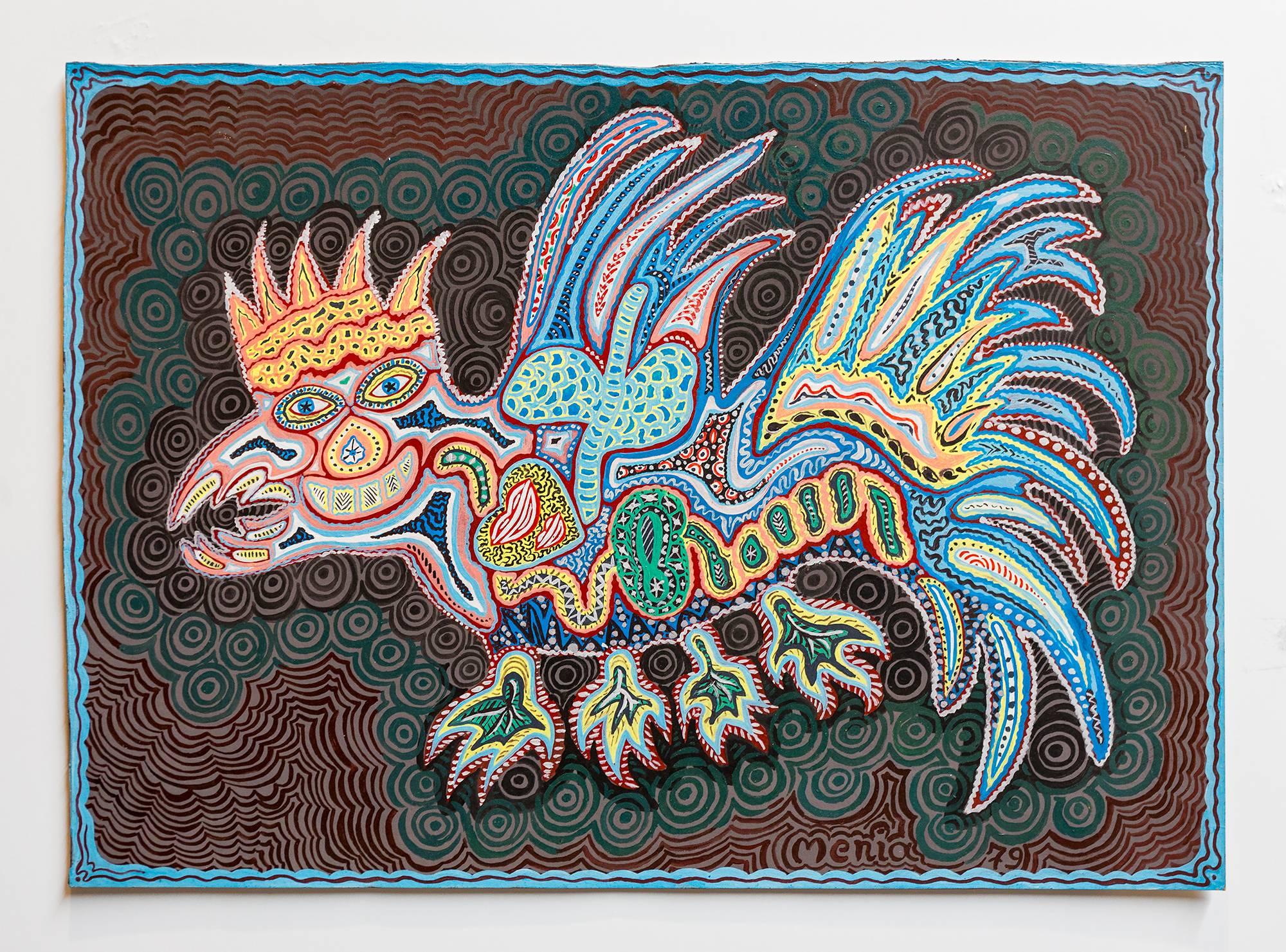 Menia Litvak Figurative Painting - Israeli Folk Art Bright Colorful Naive Dragon Painting
