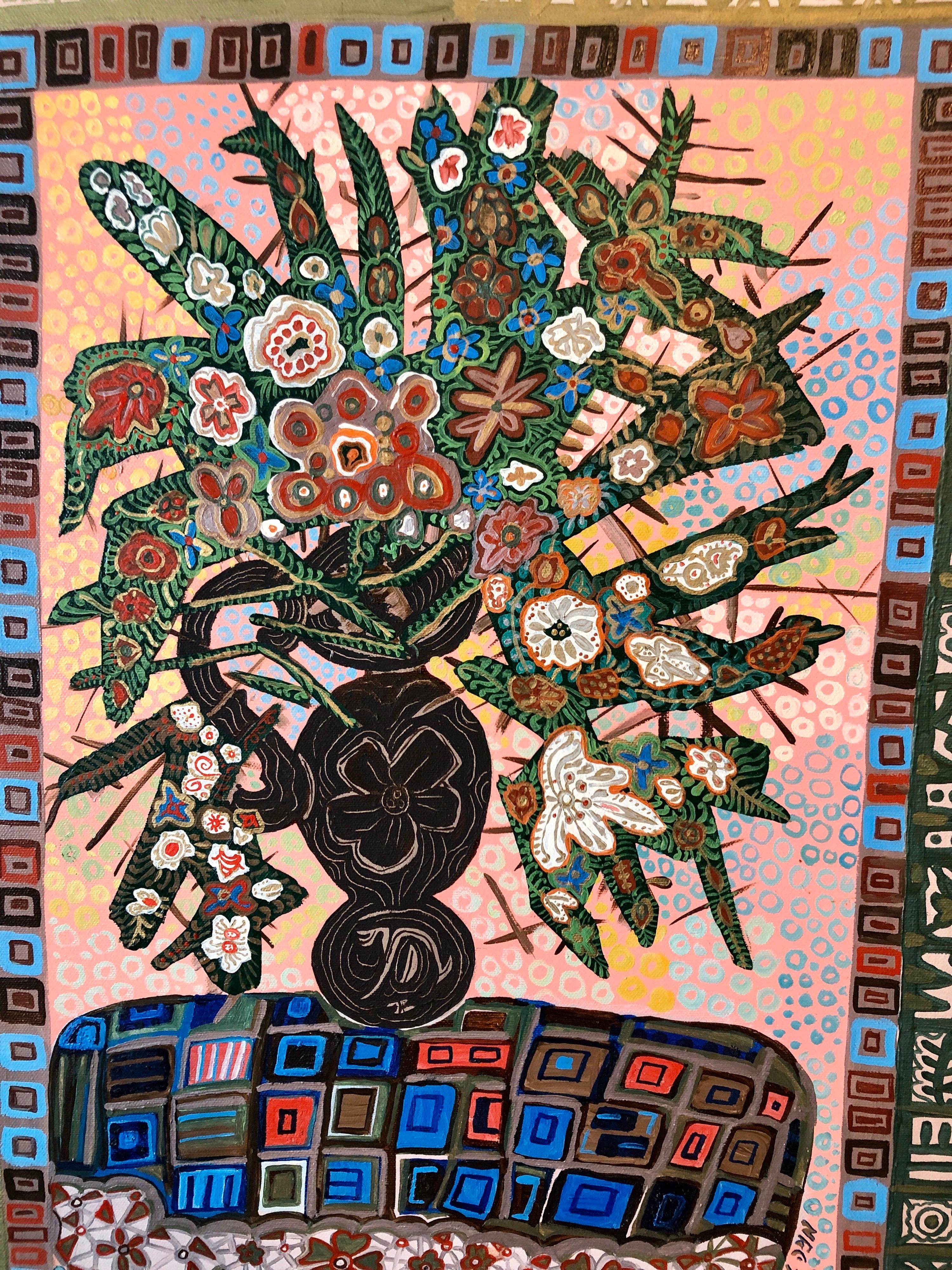 Arte popolare israeliana, pittura floreale naïf dai colori vivaci, fiori modulari in vaso - Painting di Menia Litvak