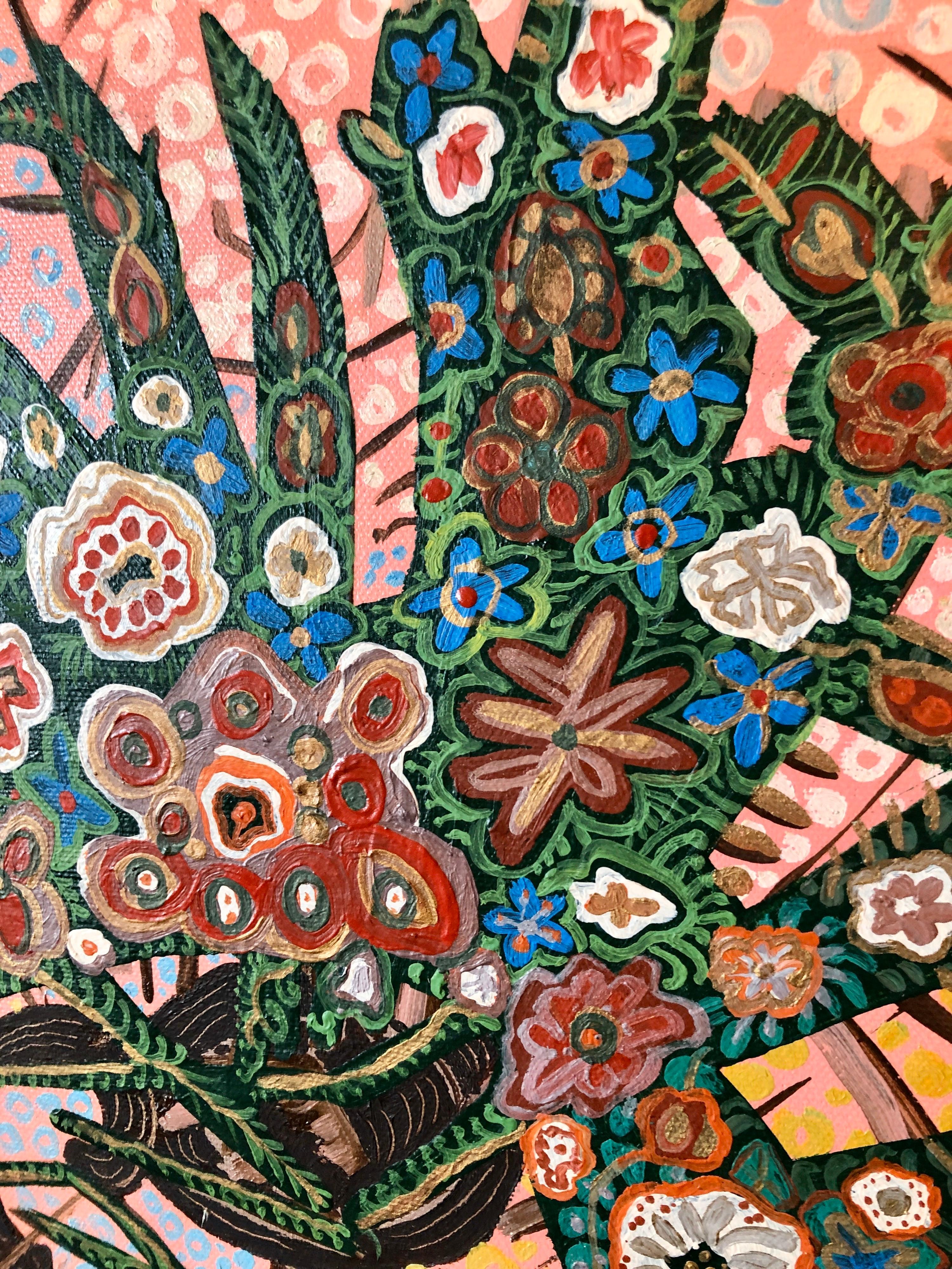 Art populaire israélien Peinture florale naïve aux couleurs vives, fleurs modérées dans un vase - Beige Figurative Painting par Menia Litvak