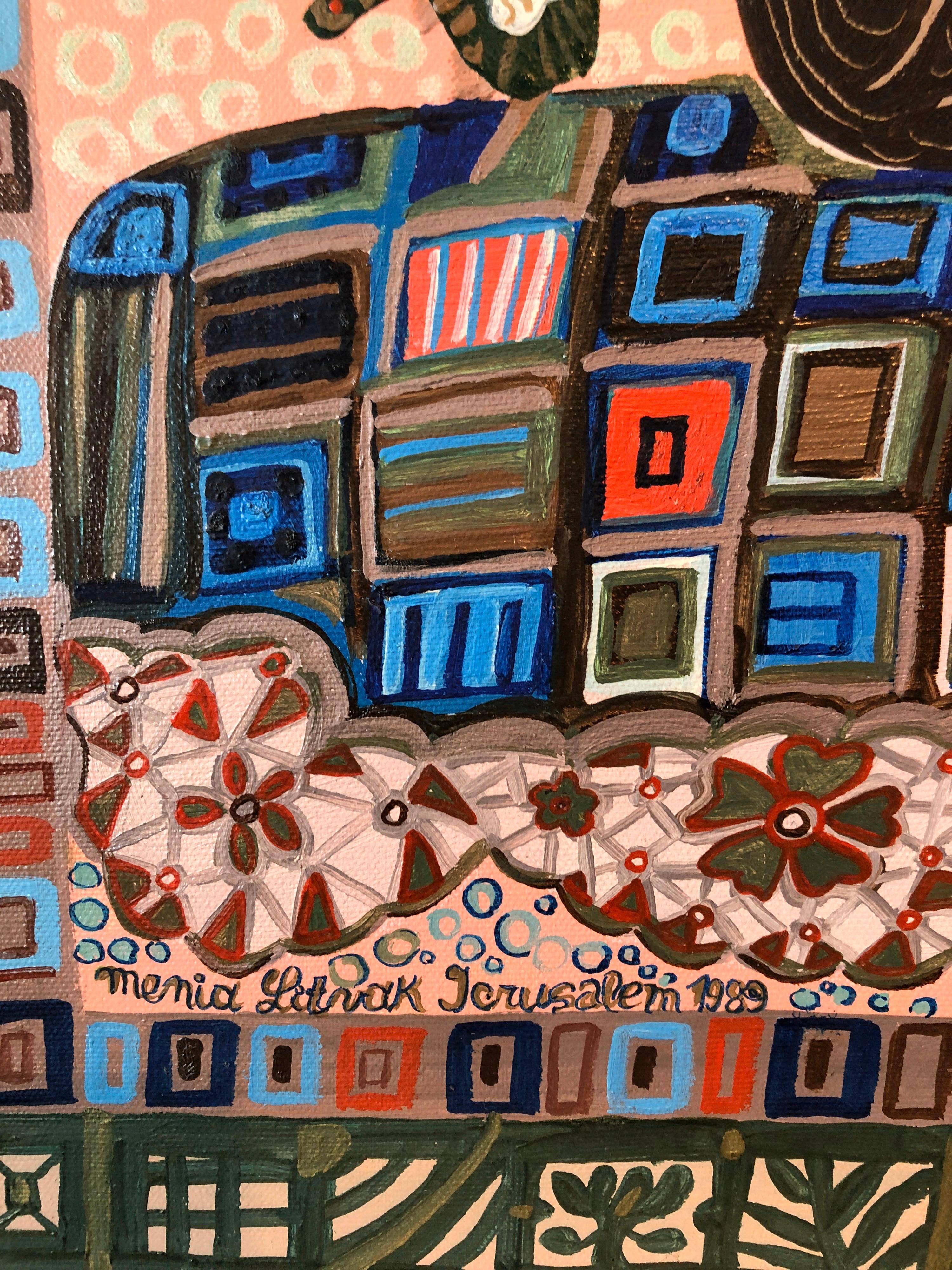 Arte popolare israeliana, pittura floreale naïf dai colori vivaci, fiori modulari in vaso in vendita 1