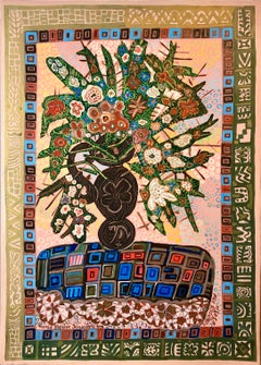 Arte Popular Israelí Pintura Floral Ingenua de Colores Brillantes, Flores Mod en Jarrón
