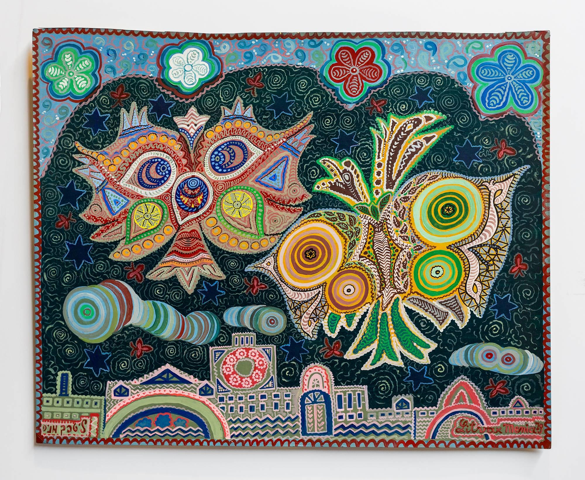 Menia Litvak Figurative Painting - Israeli Folk Art Bright Colorful Naive Jerusalem Vibrant Landscape Painting