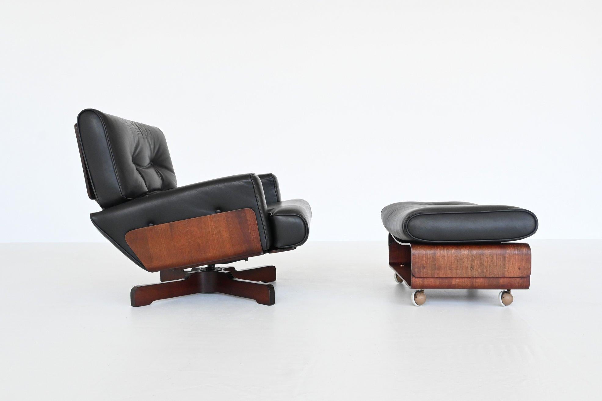 Stunning lounge chair and matching ottoman model 401 designed by Menilio Taro for Cinova, Italy 1964. This fantastic shaped lounge chair set is made of rosewood plywood and has high quality black leather tufted cushions. The base of the chair is