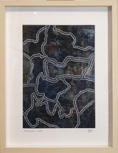 Astratto contemporaneo di ispirazione aborigena. Acrilico su lino su cartoncino.