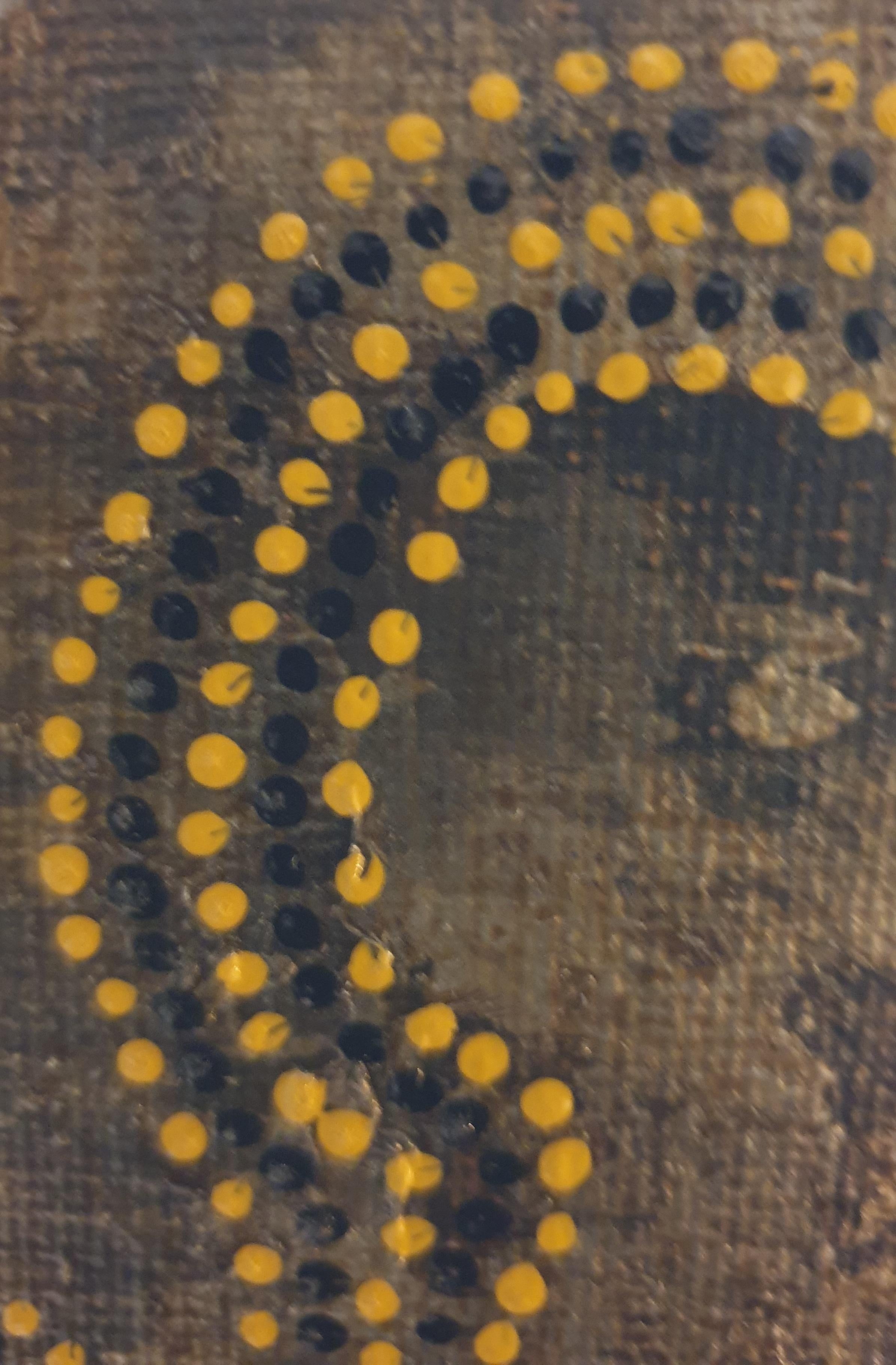 Astratto contemporaneo di ispirazione aborigena. Acrilico su lino su cartoncino. - Abstract Painting Nero di Menno Modderman 