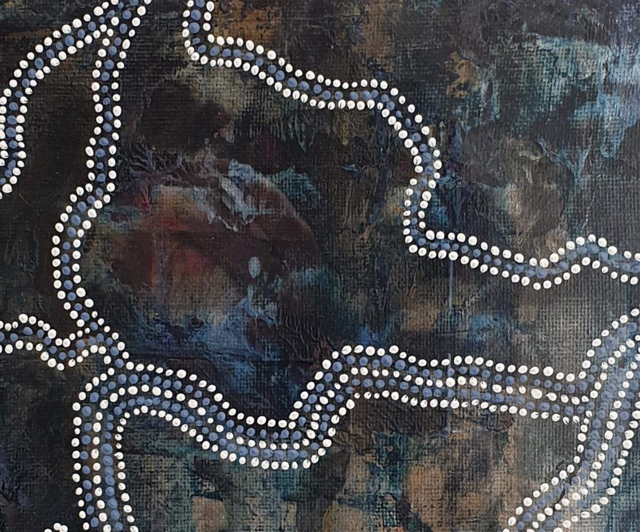 Zeitgenössisches, von den Aborigines inspiriertes, abstraktes Bild von Menno Modderman, einem niederländischen Künstler, der in Südfrankreich malt, signiert und datiert unten auf dem Passepartout.

Menno, der seit mehreren Jahren als Künstler in