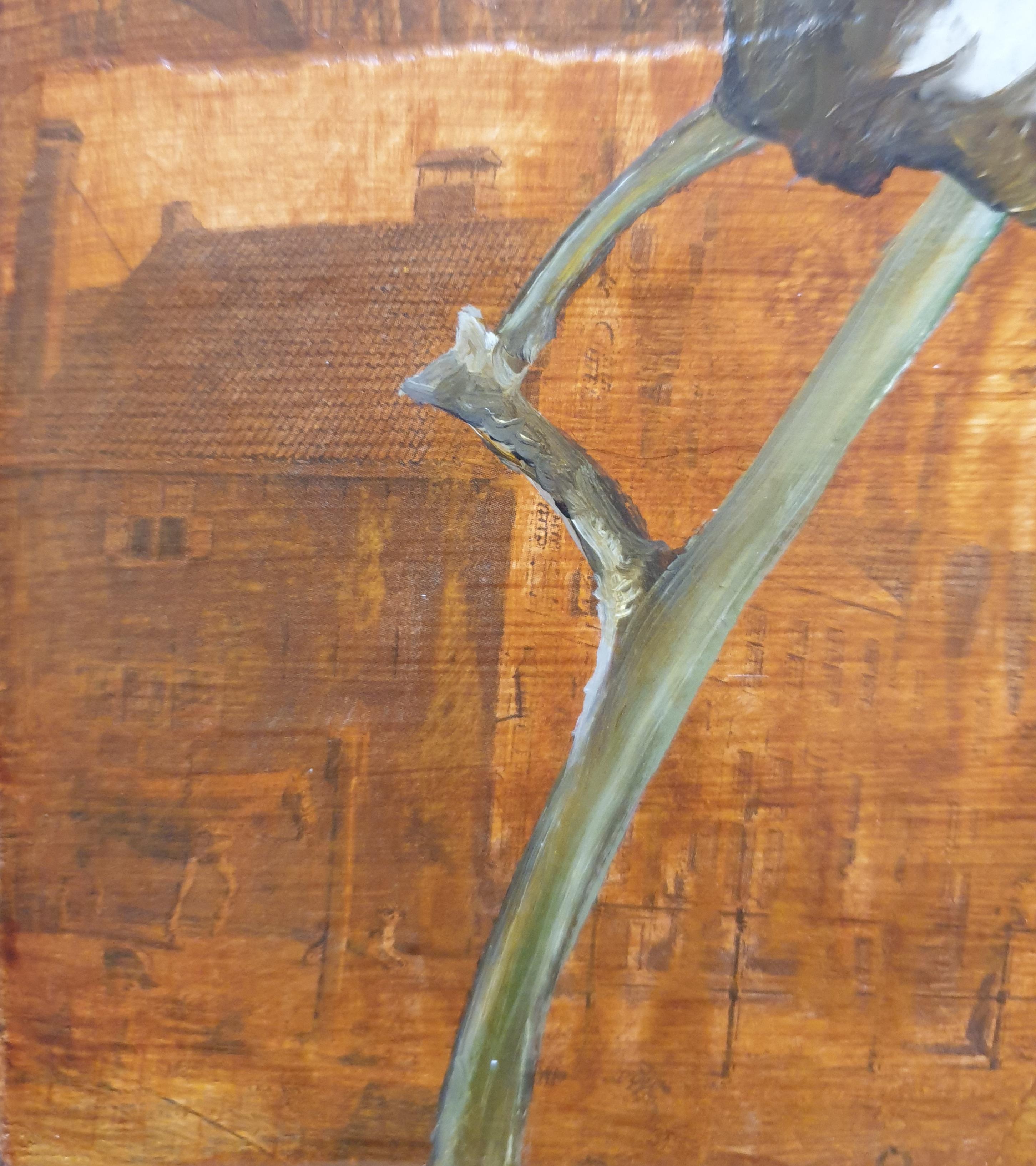 Cotton Ball. Olio botanico contemporaneo, acrilico e découpage su tavola. in vendita 1