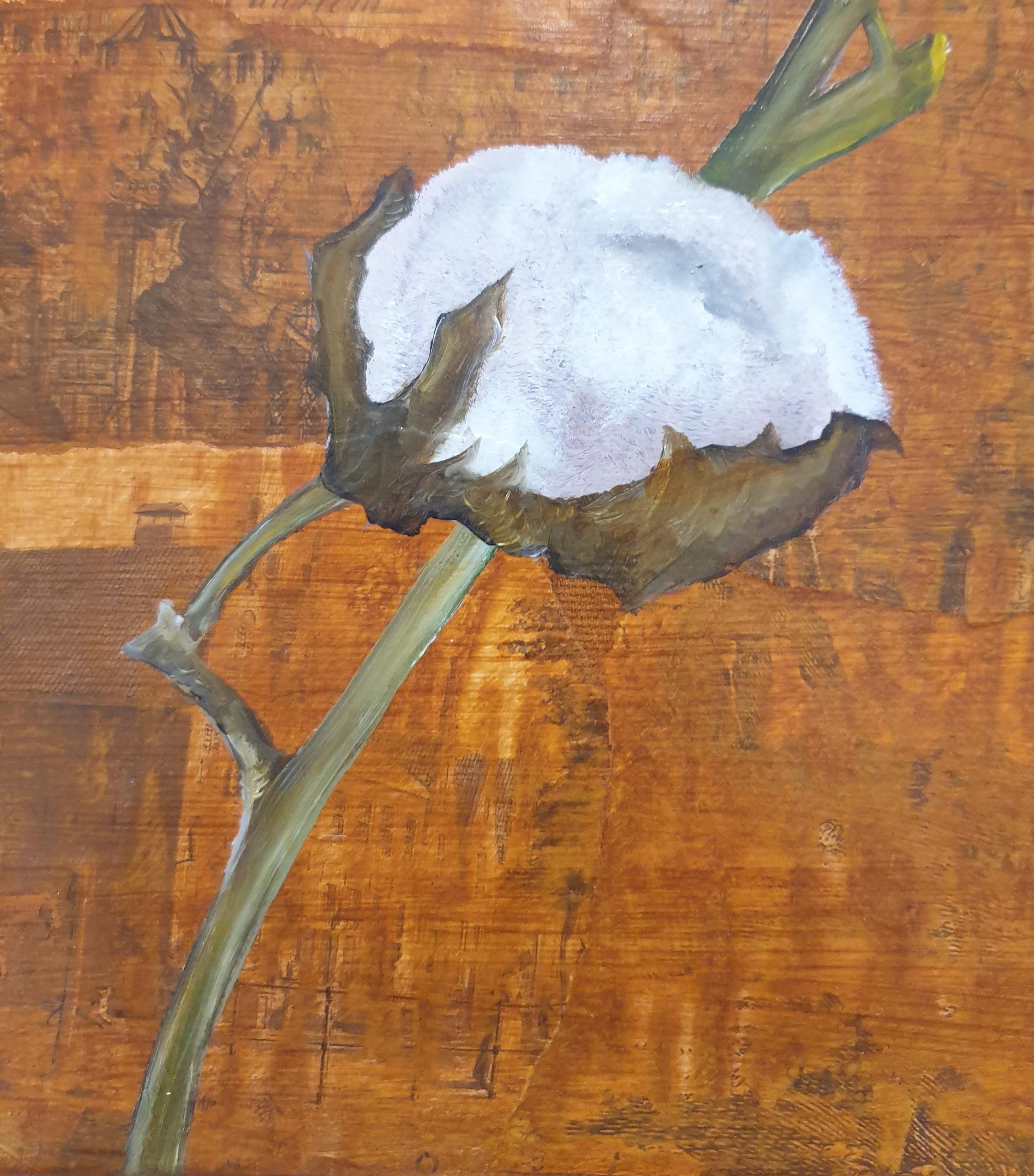 Cotton Ball. Contemporary Botanical Oil, Acrylic and découpage on Board. For Sale 2