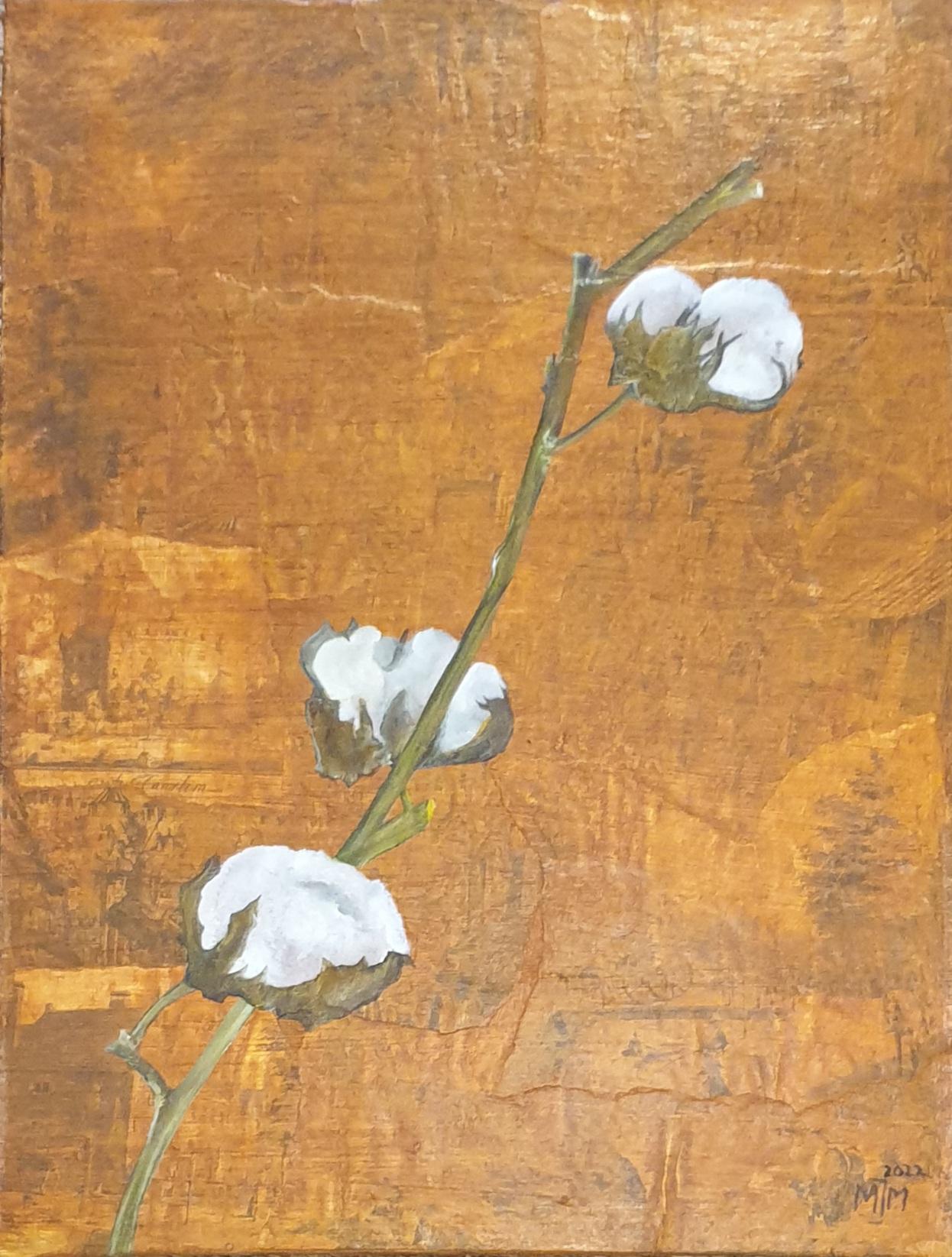 Cotton Ball. Contemporary Botanical Oil, Acrylic and découpage on Board. - Painting by Menno Modderman 