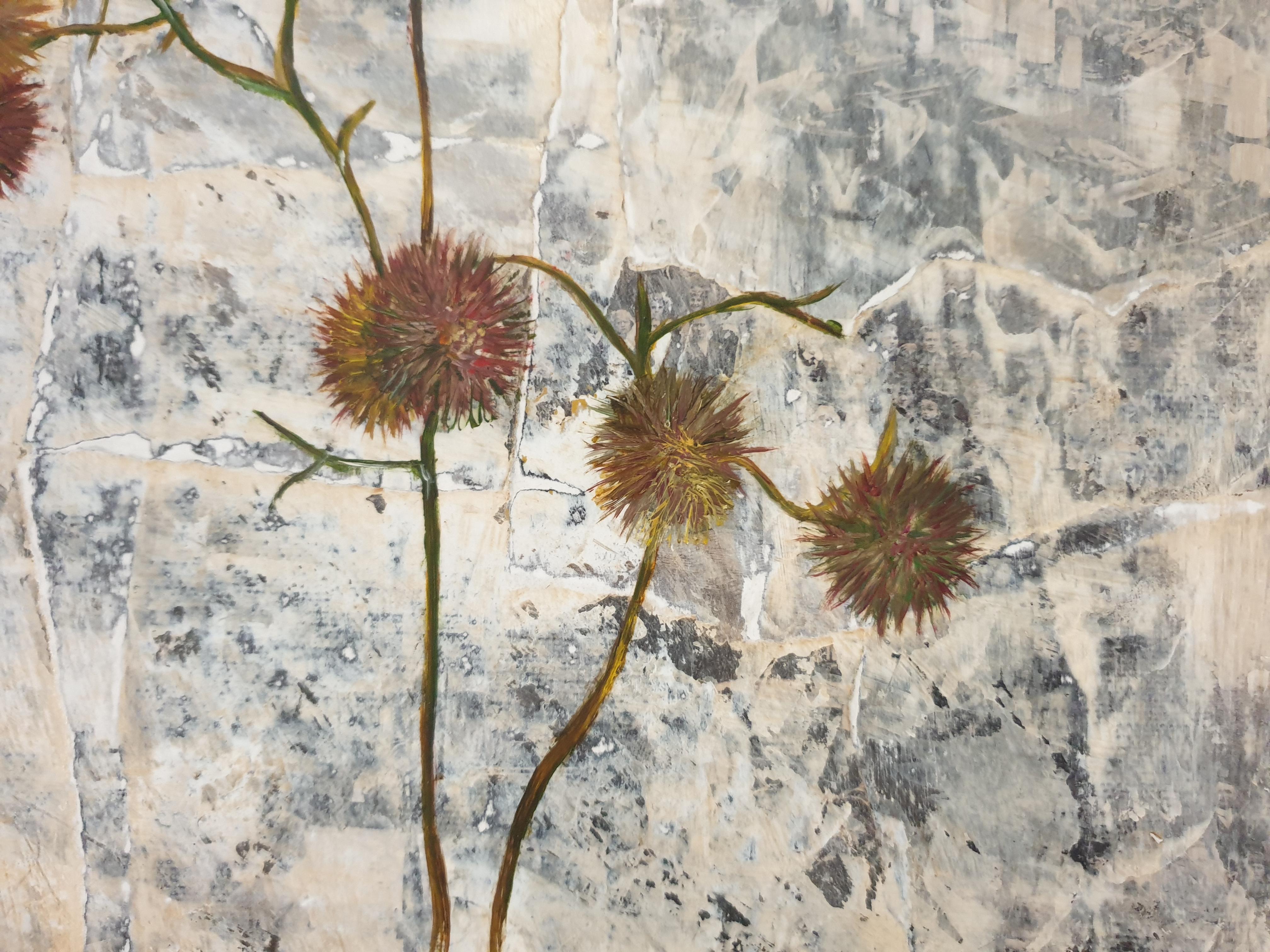 Gomphrena. Botanical Study, Dcoupage, Acryl, Öl und Mixed-Media auf Karton. im Angebot 1