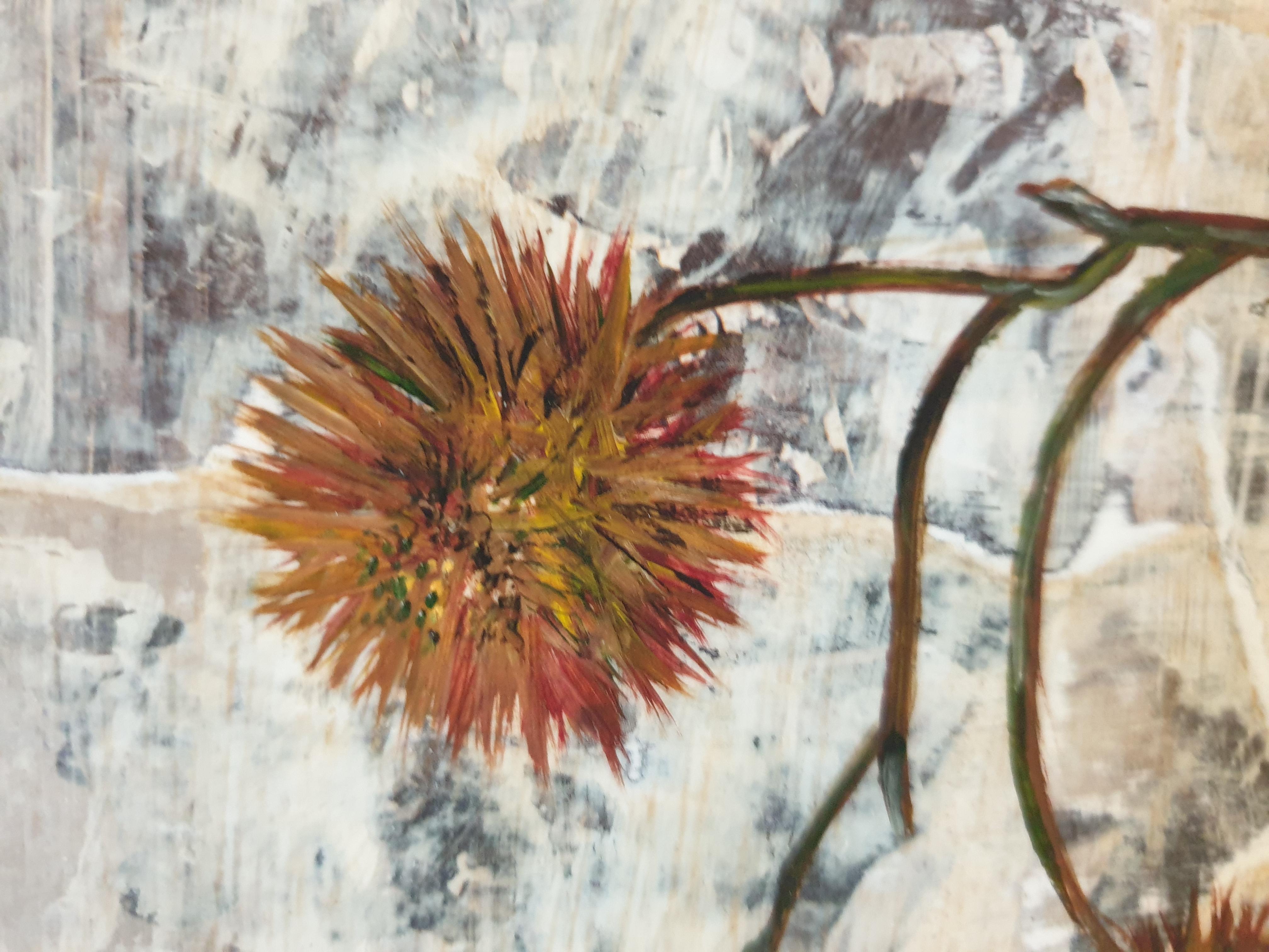 Gomphrena. Botanical Study, Découpage, Acrylic, Oil and Mixed-media on Board. - Contemporary Mixed Media Art by Menno Modderman 