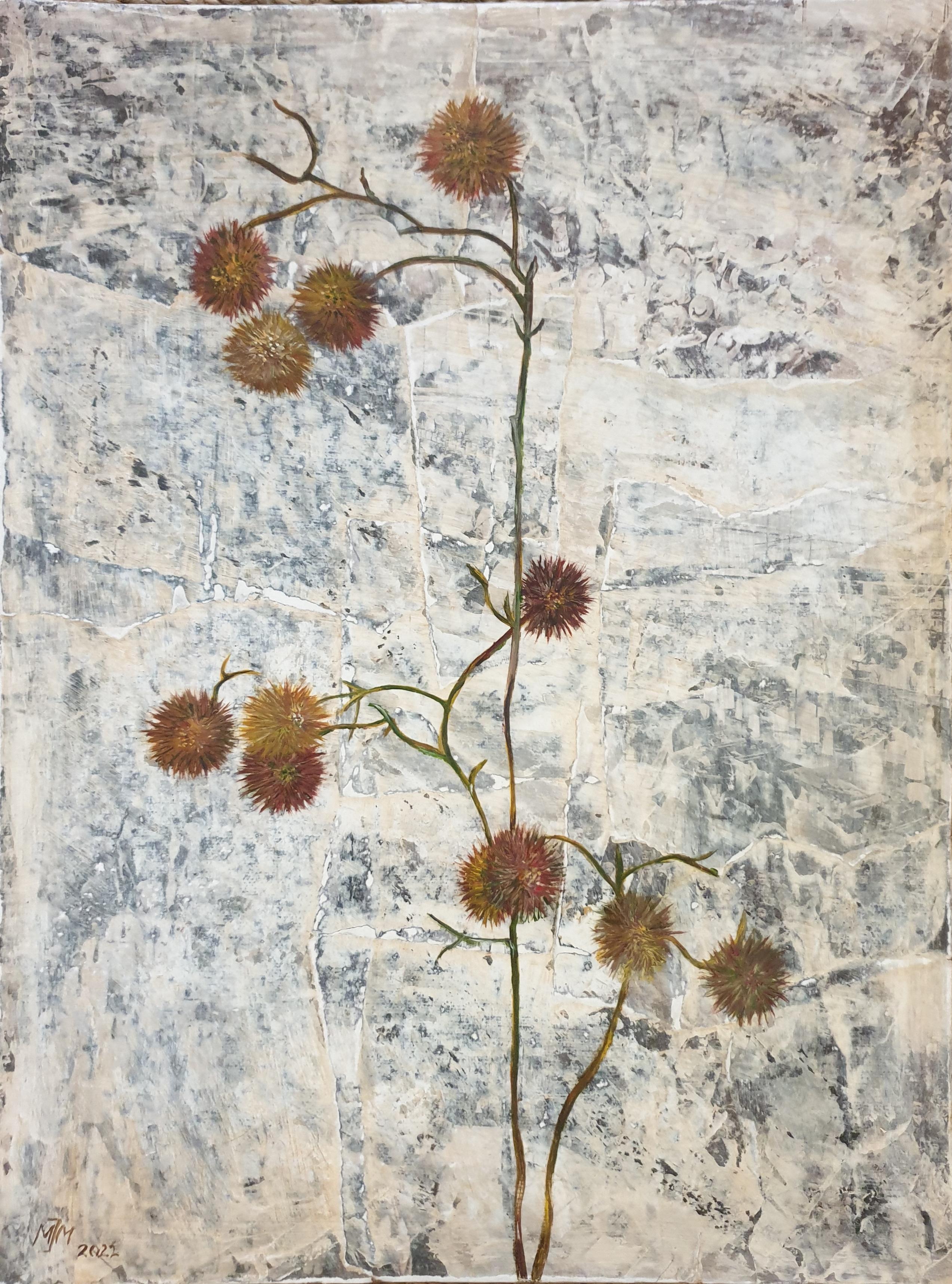 Gomphrena. Botanical Study, Découpage, Acrylic, Oil and Mixed-media on Board. - Mixed Media Art by Menno Modderman 