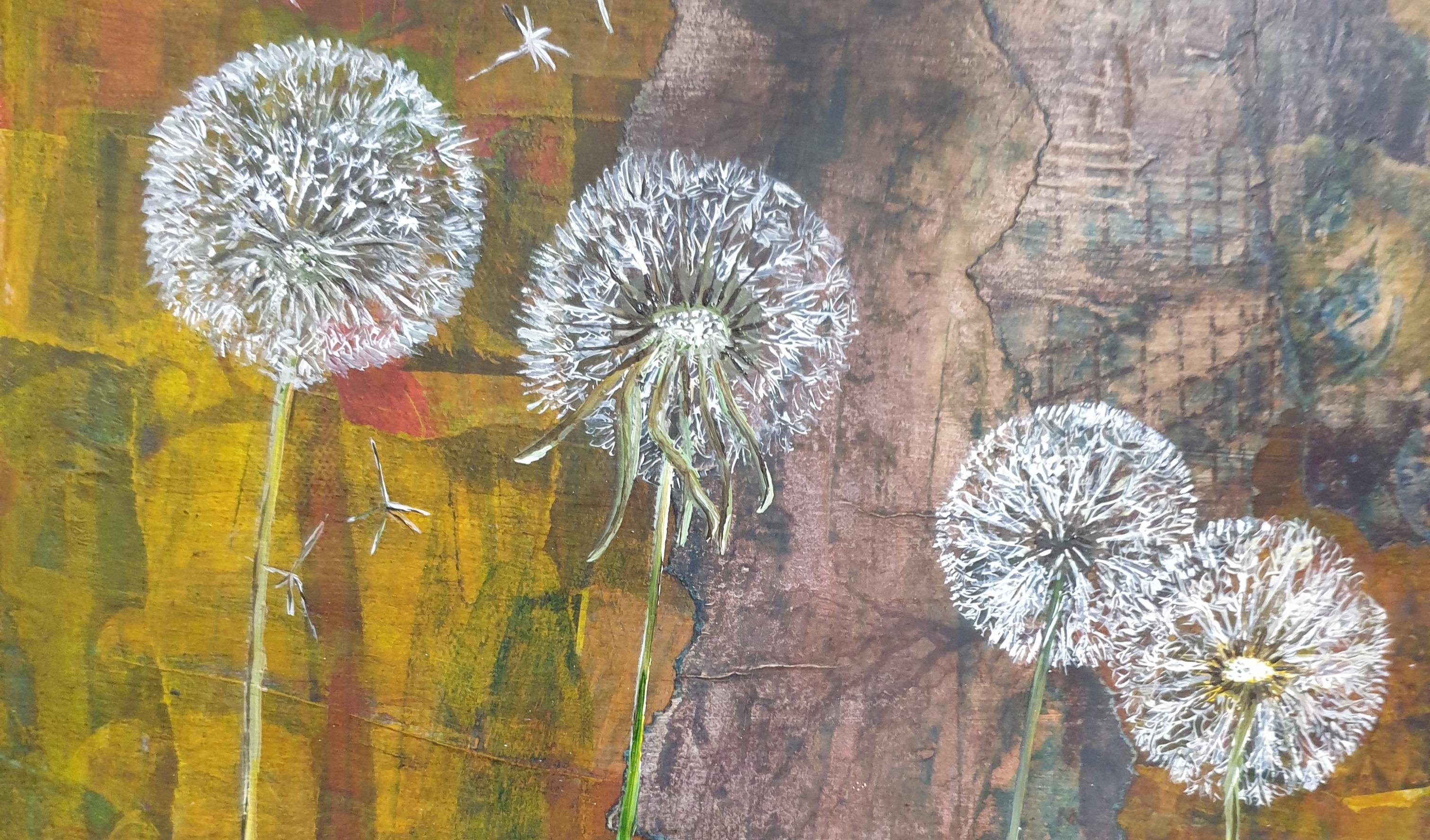 Dandelion Clocks. Contemporary Botanical Oil and Mixed-media on Board. For Sale 4