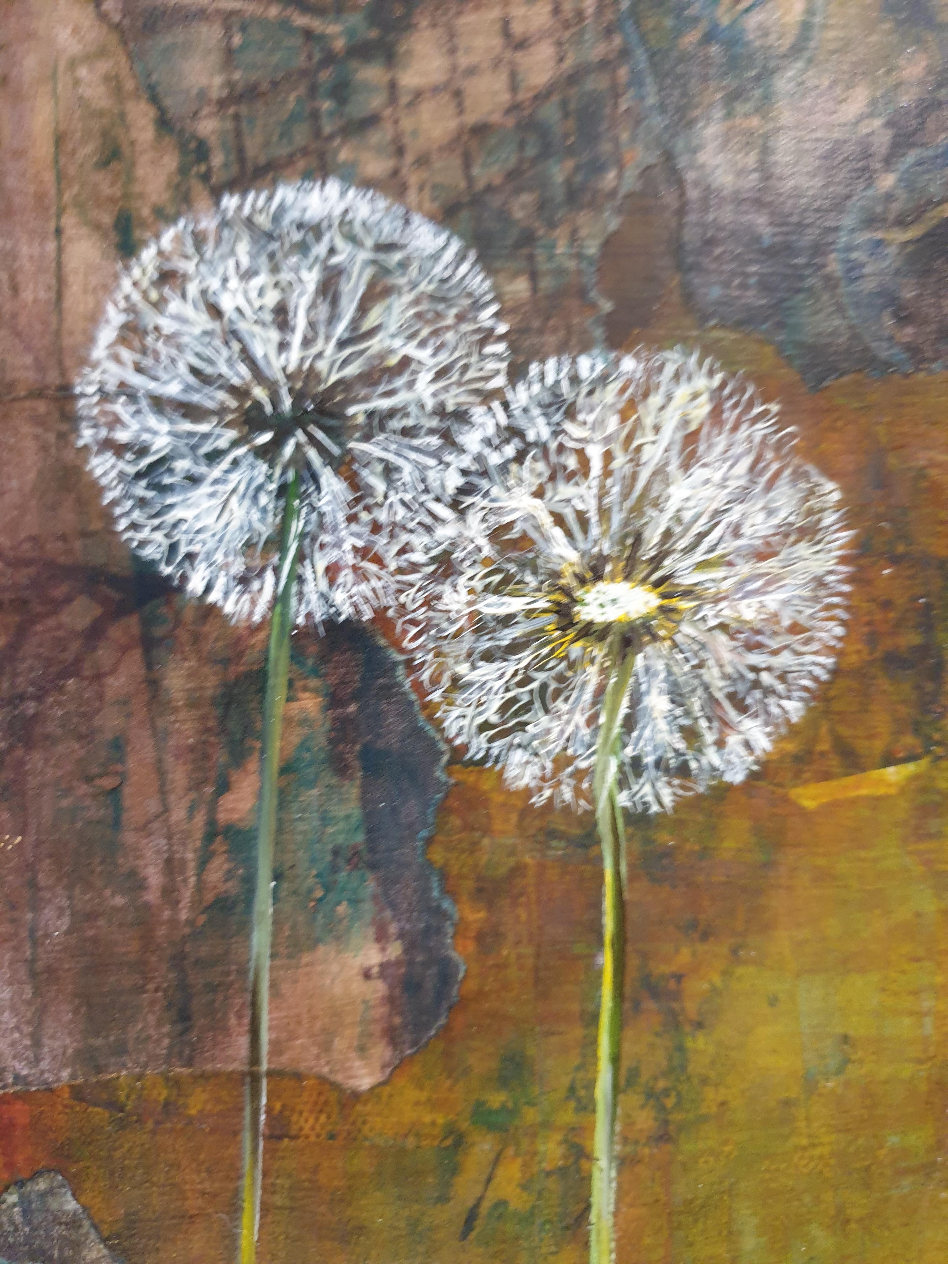 Dandelion Clocks. Contemporary Botanical Oil and Mixed-media on Board. For Sale 7