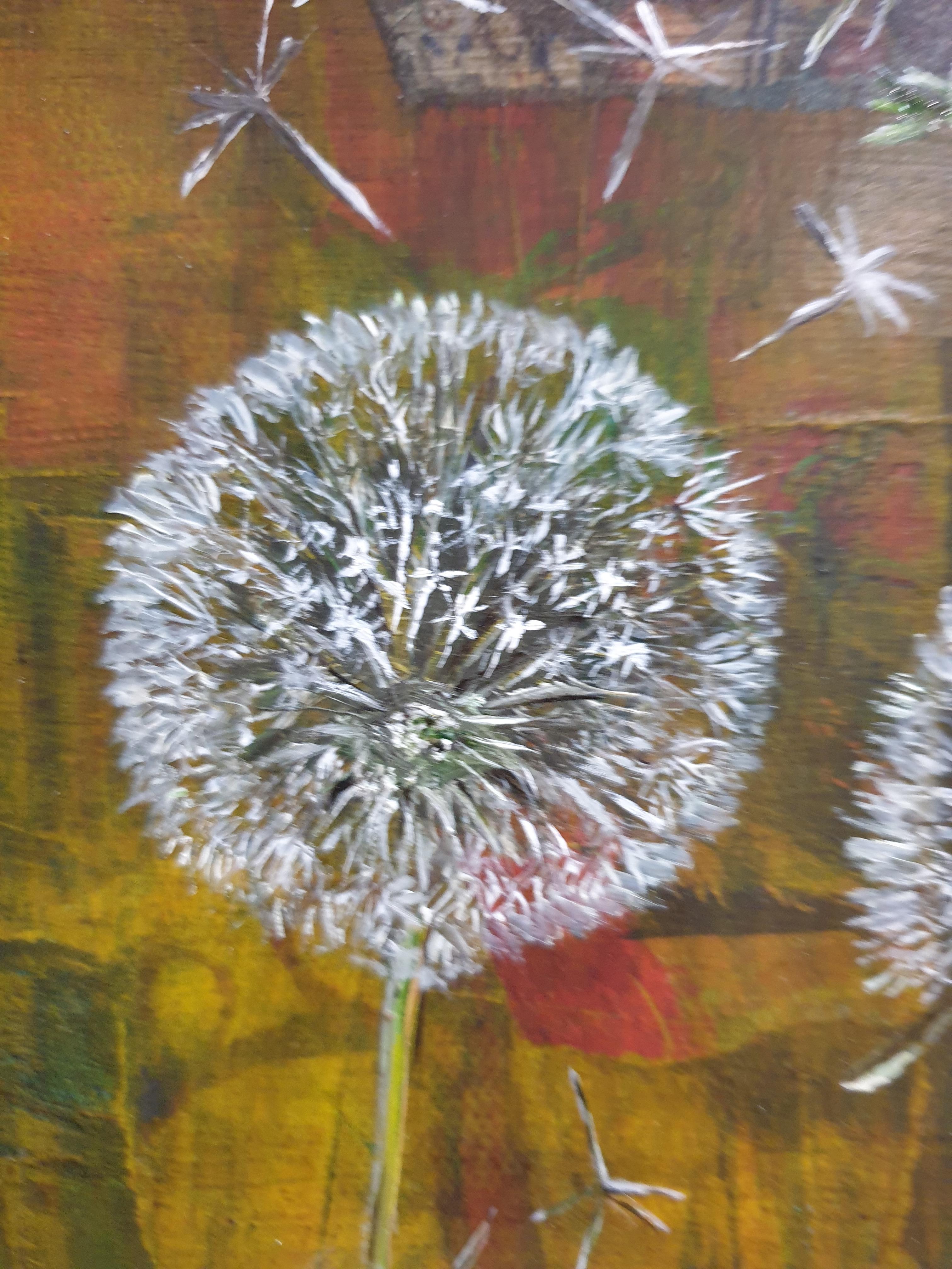 Dandelion Clocks. Contemporary Botanical Oil and Mixed-media on Board. For Sale 8