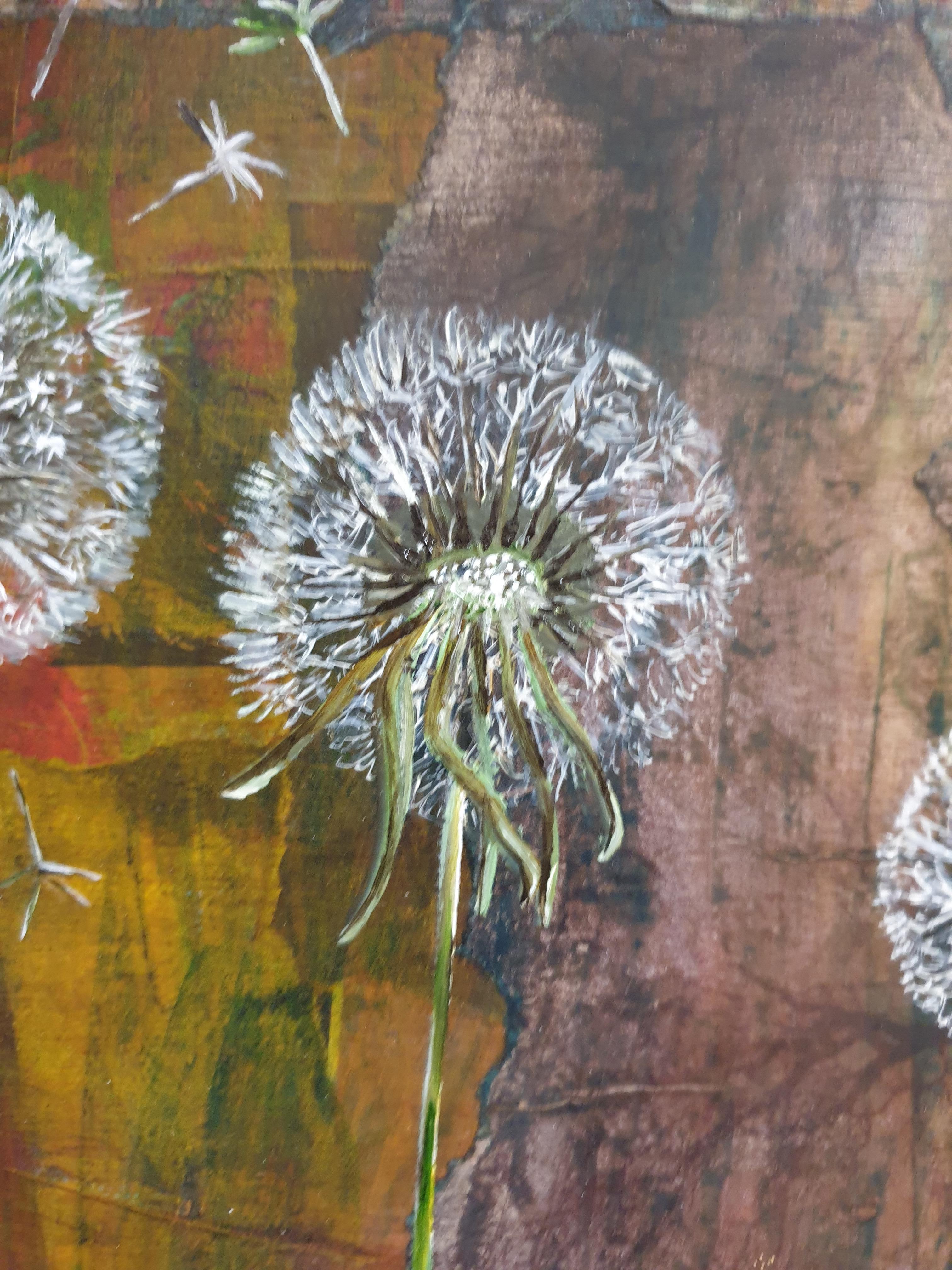Dandelion Clocks. Contemporary Botanical Oil and Mixed-media on Board. For Sale 10