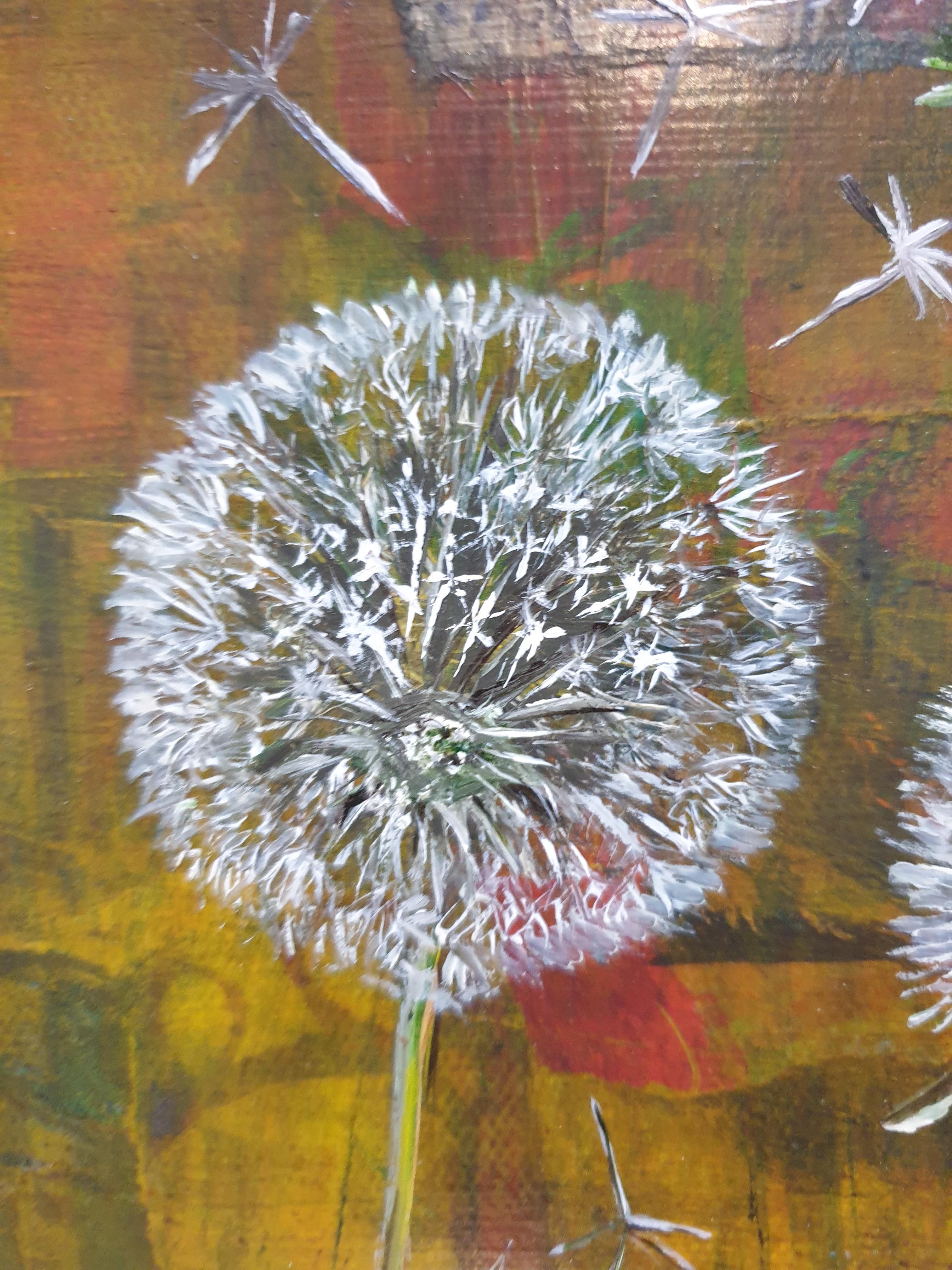 Dandelion clocks. Contemporary botanical mixed-media, oil and acrylic on board by Dutch artist Menno Modderman,  signed and dated 2022 to the bottom left and presented in a contemporary black tray frame.

Working for several years now as an artist
