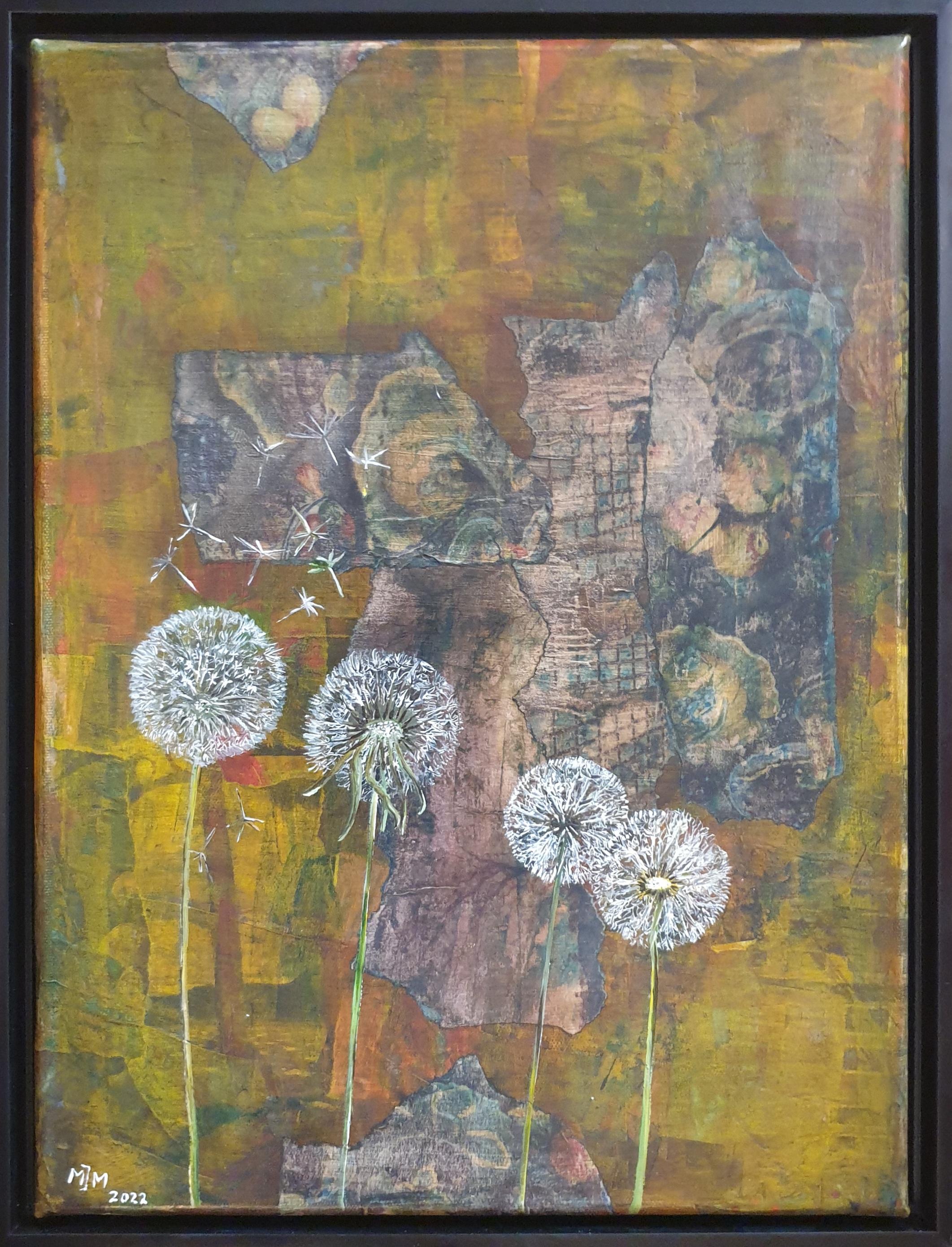 Menno Modderman  Still-Life Painting - Dandelion Clocks. Contemporary Botanical Oil and Mixed-media on Board.
