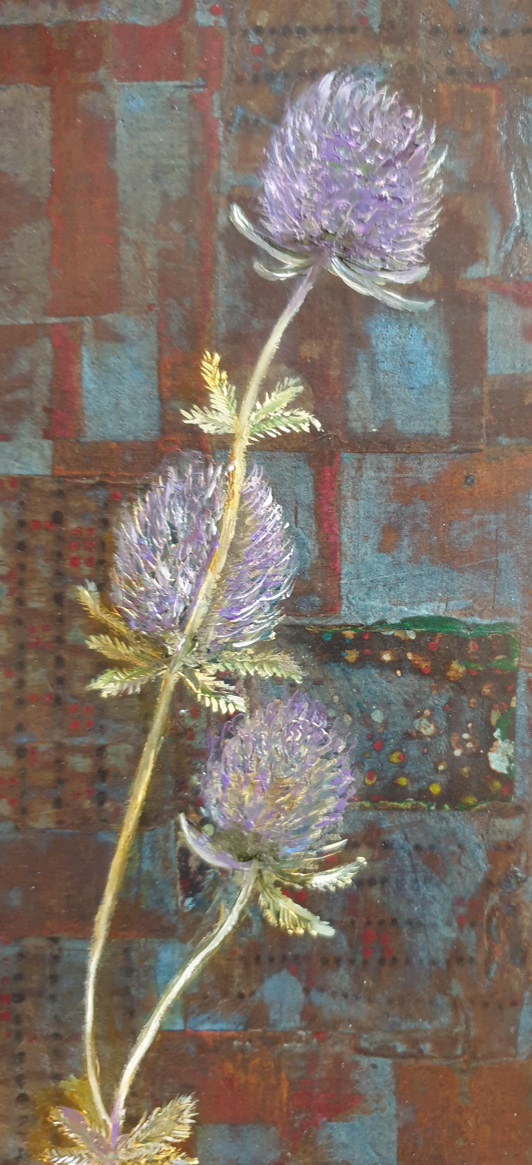 Eryngium. Contemporary Botanical Oil and Mixed-media on Board. For Sale 6