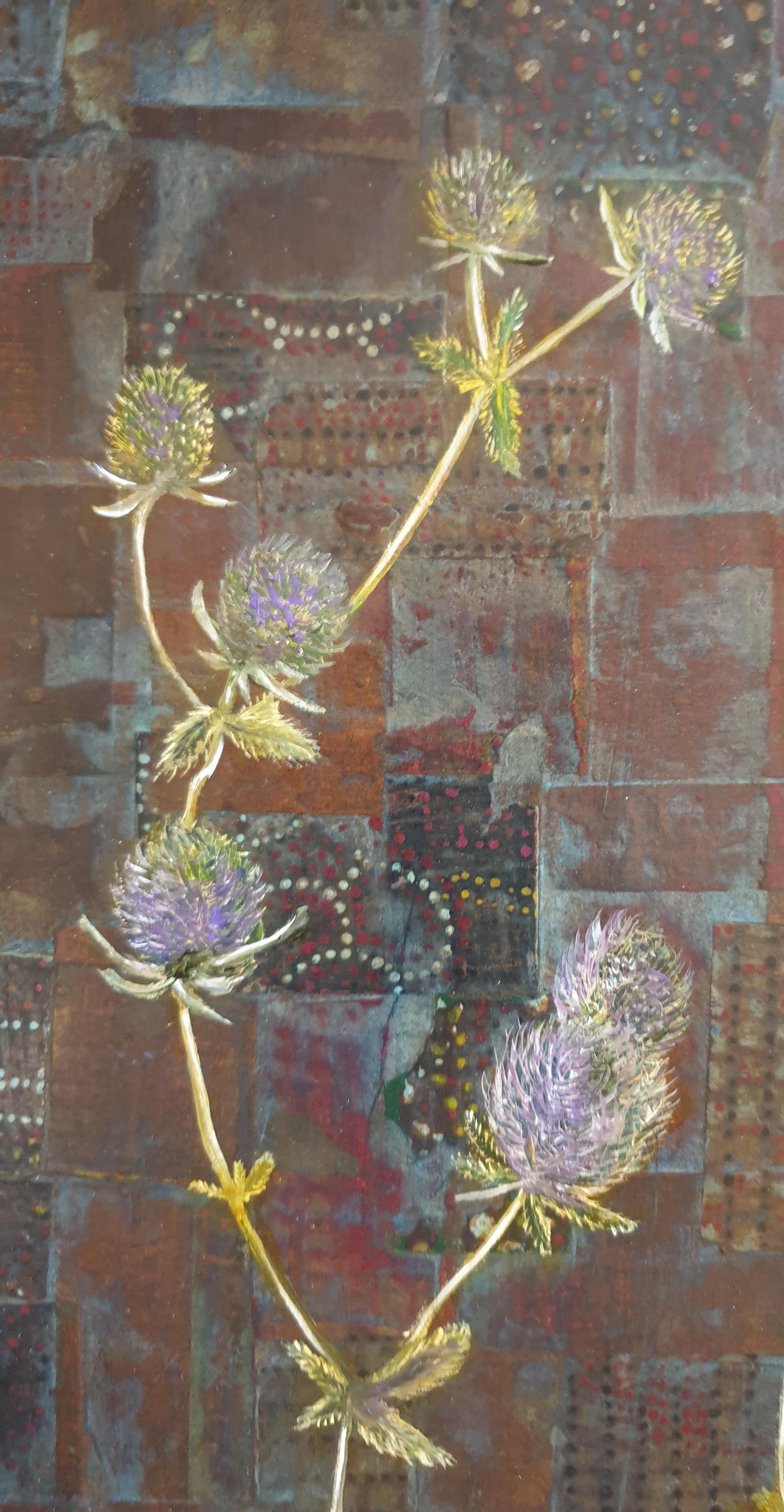 Eryngium. Contemporary Botanical Oil and Mixed-media on Board. For Sale 7