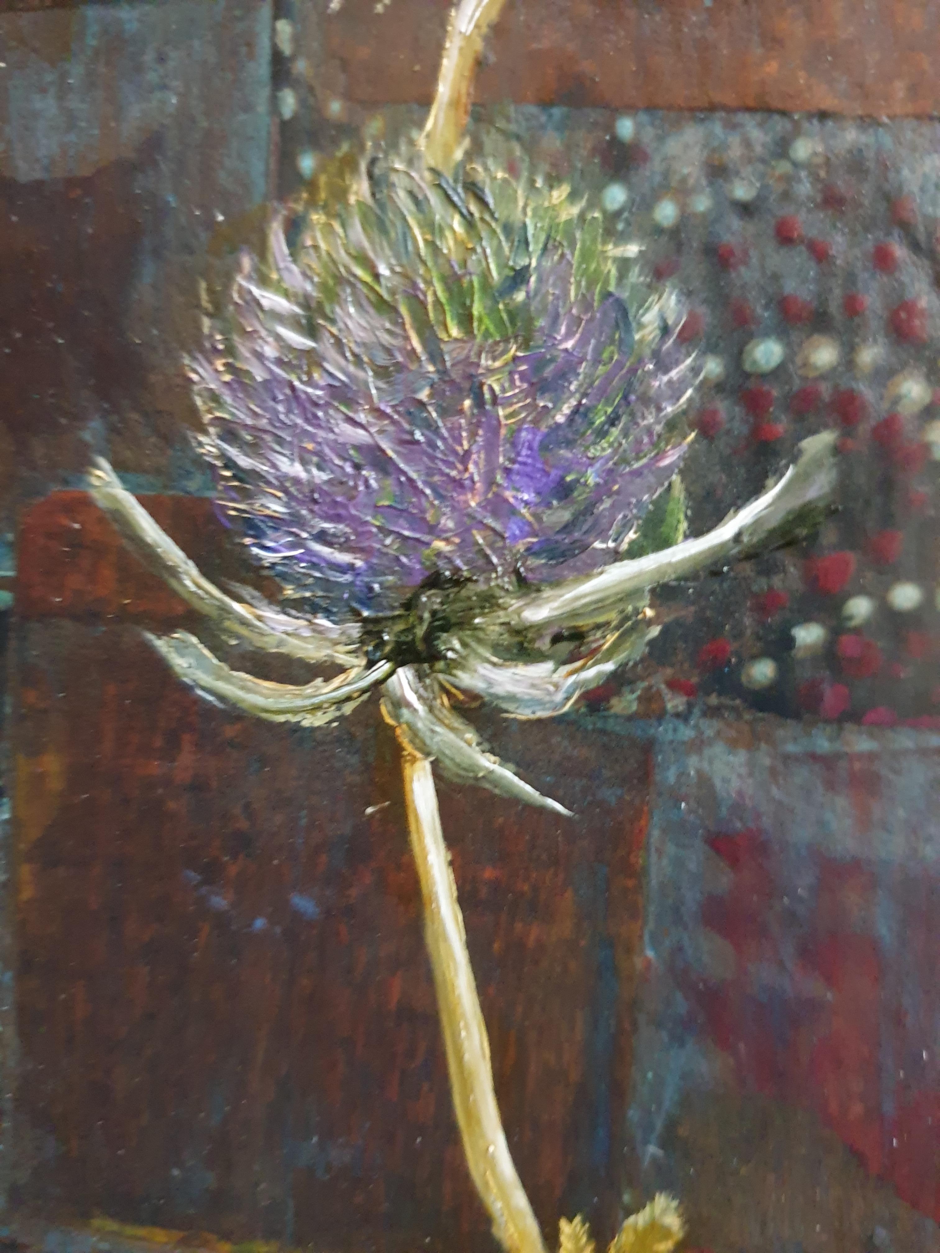 Eryngium. Contemporary Botanical Oil and Mixed-media on Board. For Sale 10