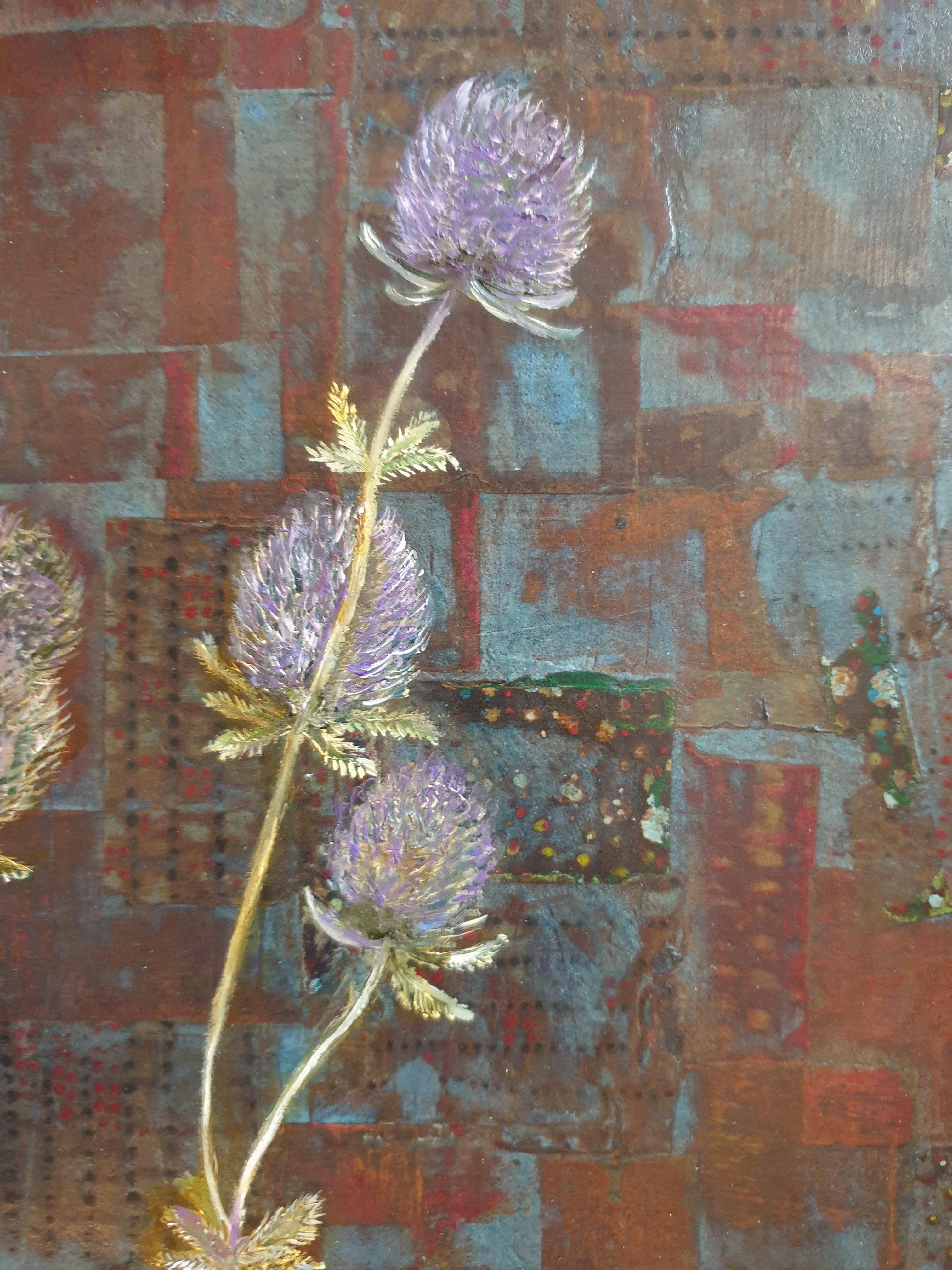 Eryngium. Contemporary Botanical Oil and Mixed-media on Board. For Sale 11