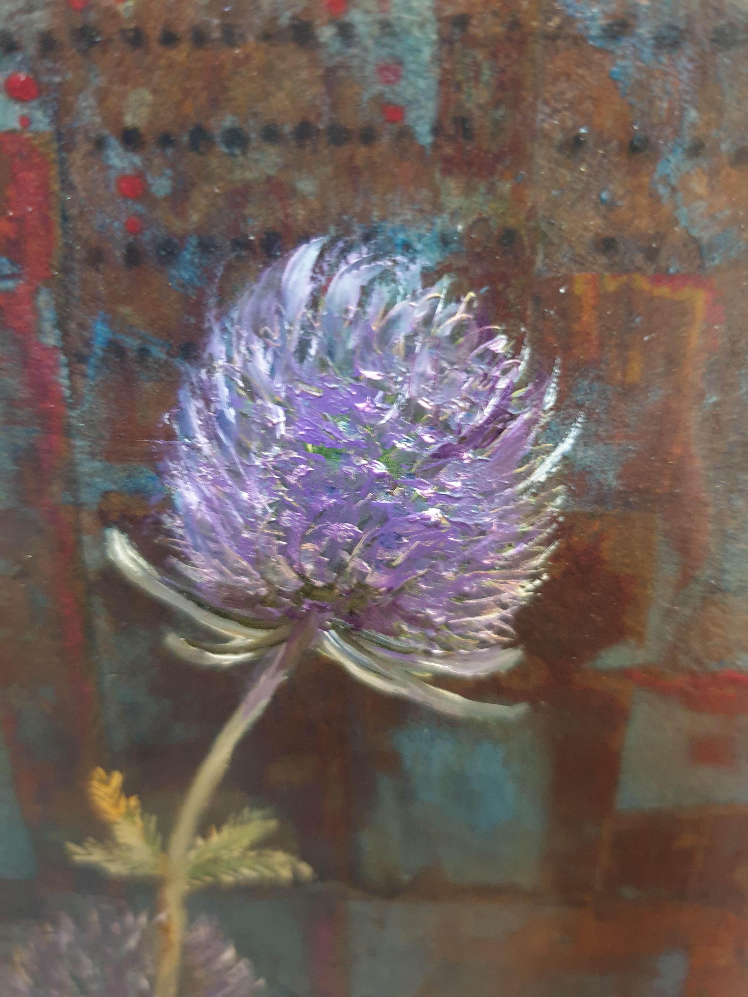 Eryngium. Contemporary botanical mixed-media, oil and acrylic on board by Dutch artist Menno Modderman,  signed and dated 2022 to the bottom right.

Working for several years now as an artist in his atelier in Cotignac in the south of France, Menno,
