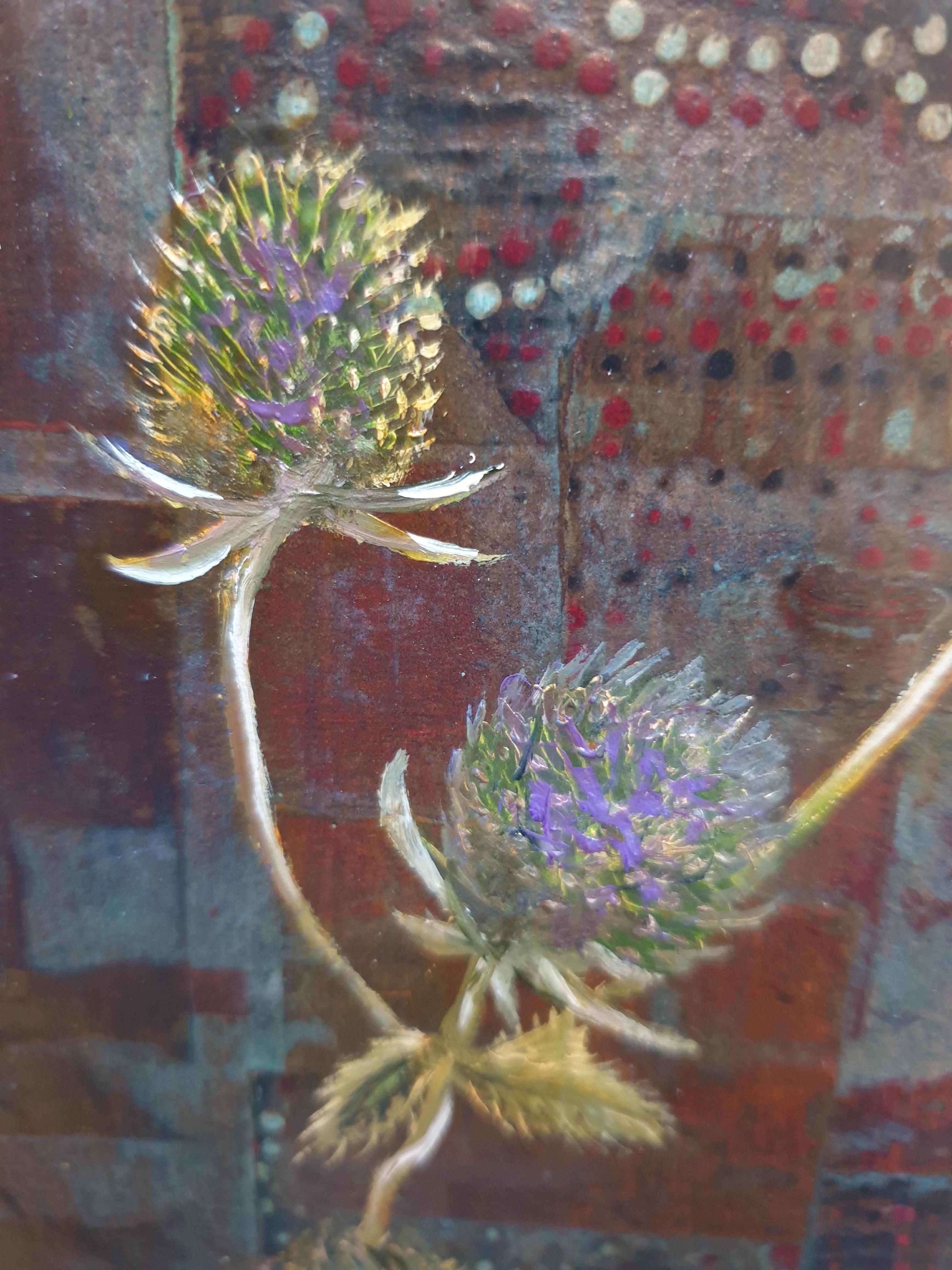 Eryngium. Contemporary Botanical Oil and Mixed-media on Board. For Sale 1