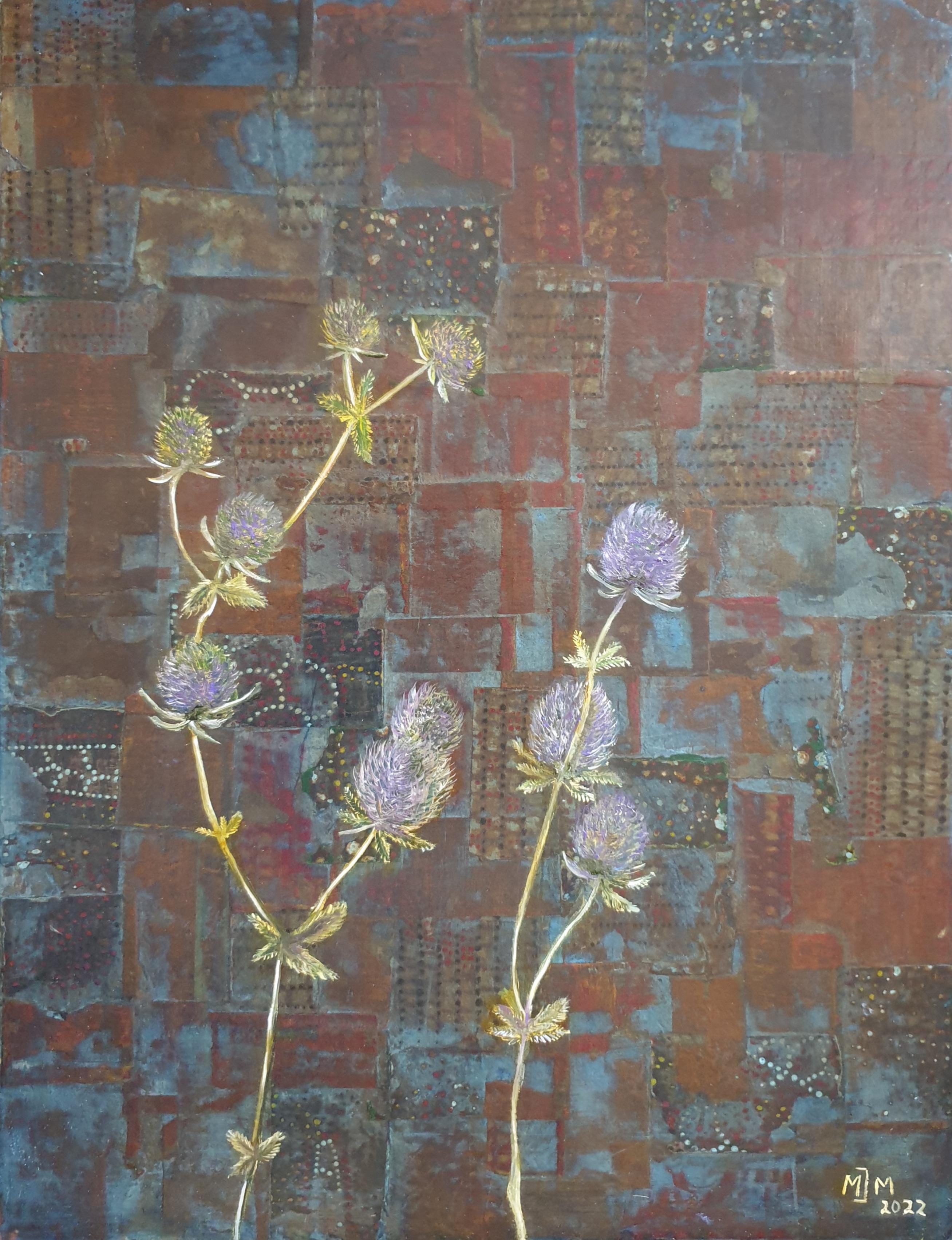 Eryngium". Huile botanique contemporaine et techniques mixtes sur carton.