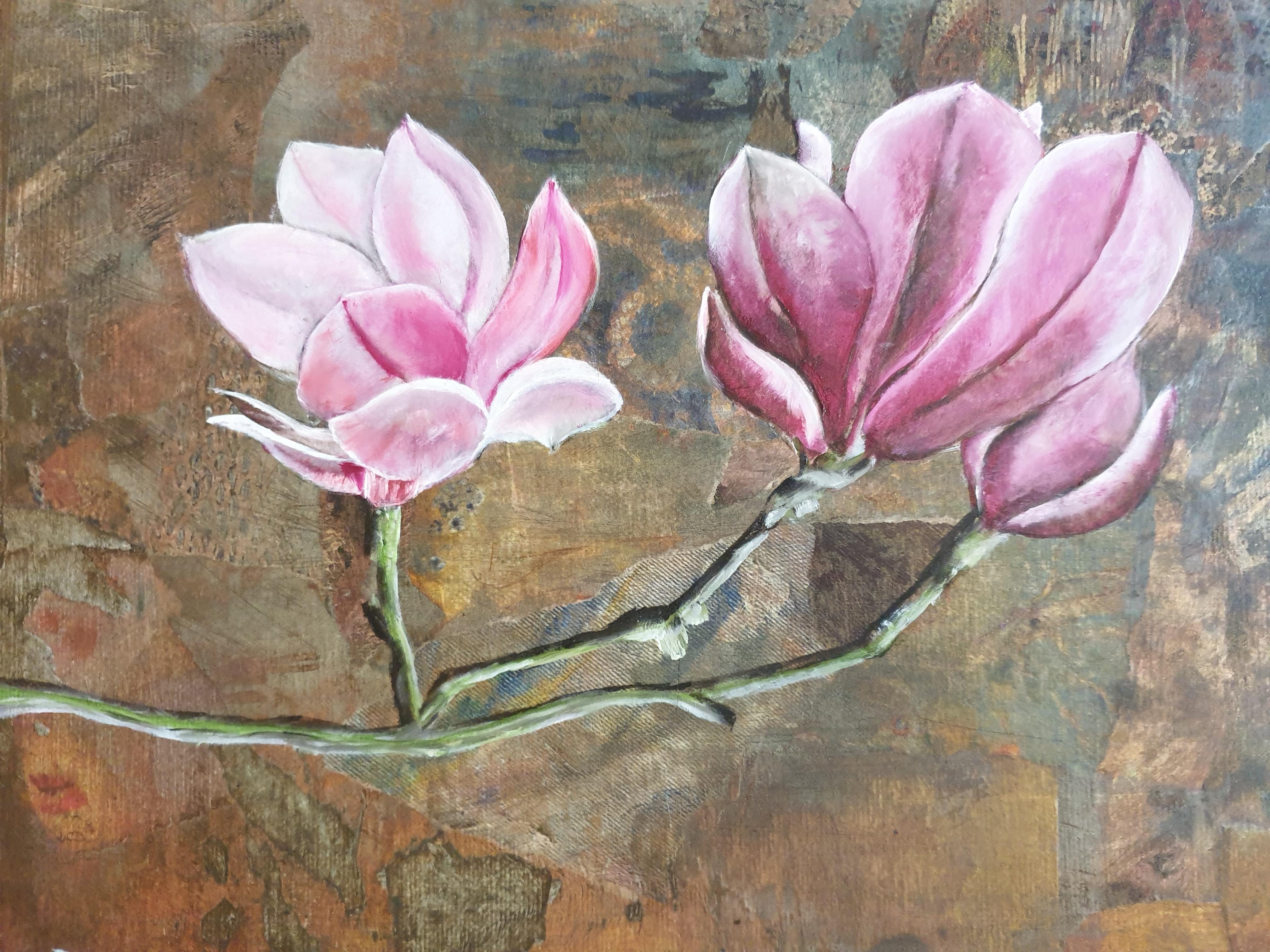 Magnolia. Olio botanico contemporaneo, acrilico e tecnica mista su tavola. in vendita 2